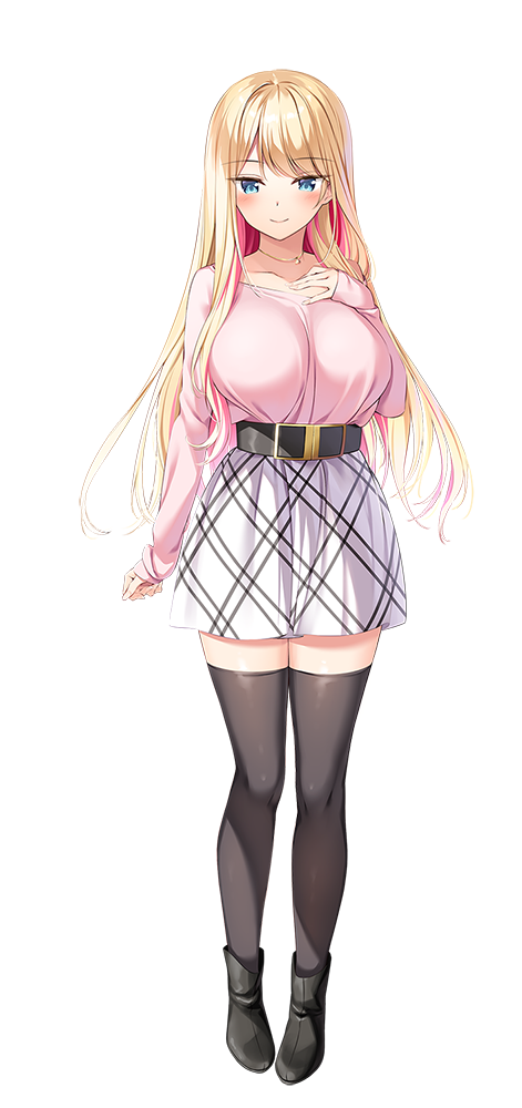 oryo (oryo04), kusunoki iroha, amaemi-longing for you-, large variant set, official art, variant set, 1girl, ankle boots, arm at side, belt, black belt, black boots, black thighhighs, blonde hair, blue eyes, blush, boots, breasts, closed mouth, colored inner hair, full body, gold necklace, hand up, jewelry, large breasts, long hair, long sleeves, looking at viewer, multicolored hair, necklace, off-shoulder shirt, off shoulder, pink hair, pink shirt, shirt, simple background, single bare shoulder, single off shoulder, skirt, sleeves past wrists, smile, solo, standing, tachi-e, thighhighs, white background, white skirt, zettai ryouiki