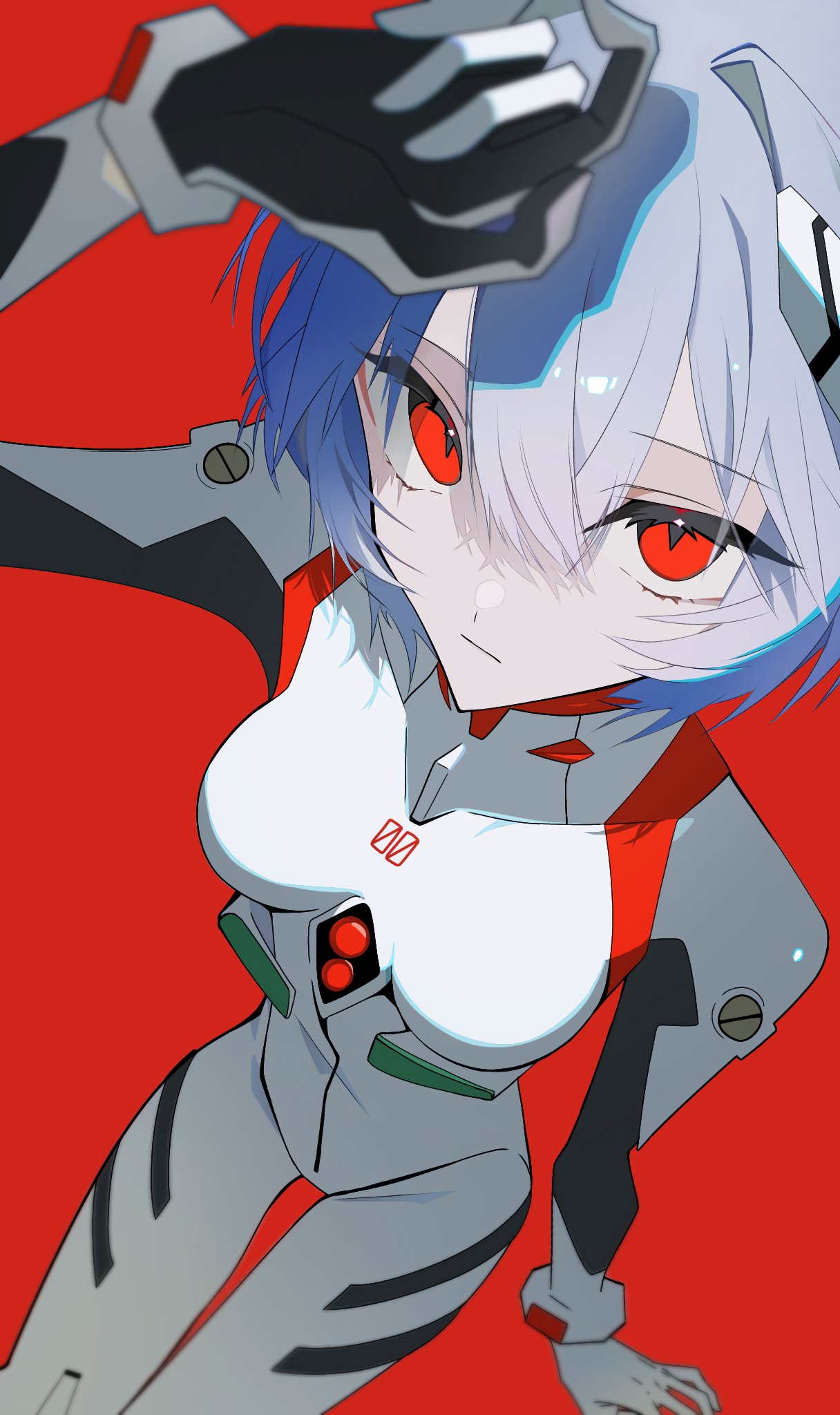 ayanami rei, neon genesis evangelion, highres, 1girl, blue hair, bodysuit, breasts, closed mouth, eyelashes, hair between eyes, hair intakes, hairpods, interface headset (evangelion), looking at viewer, mecha pilot suit, medium breasts, plugsuit (evangelion), red background, red eyes, short hair, simple background, solo, white bodysuit, xxx ssr xxx xxx