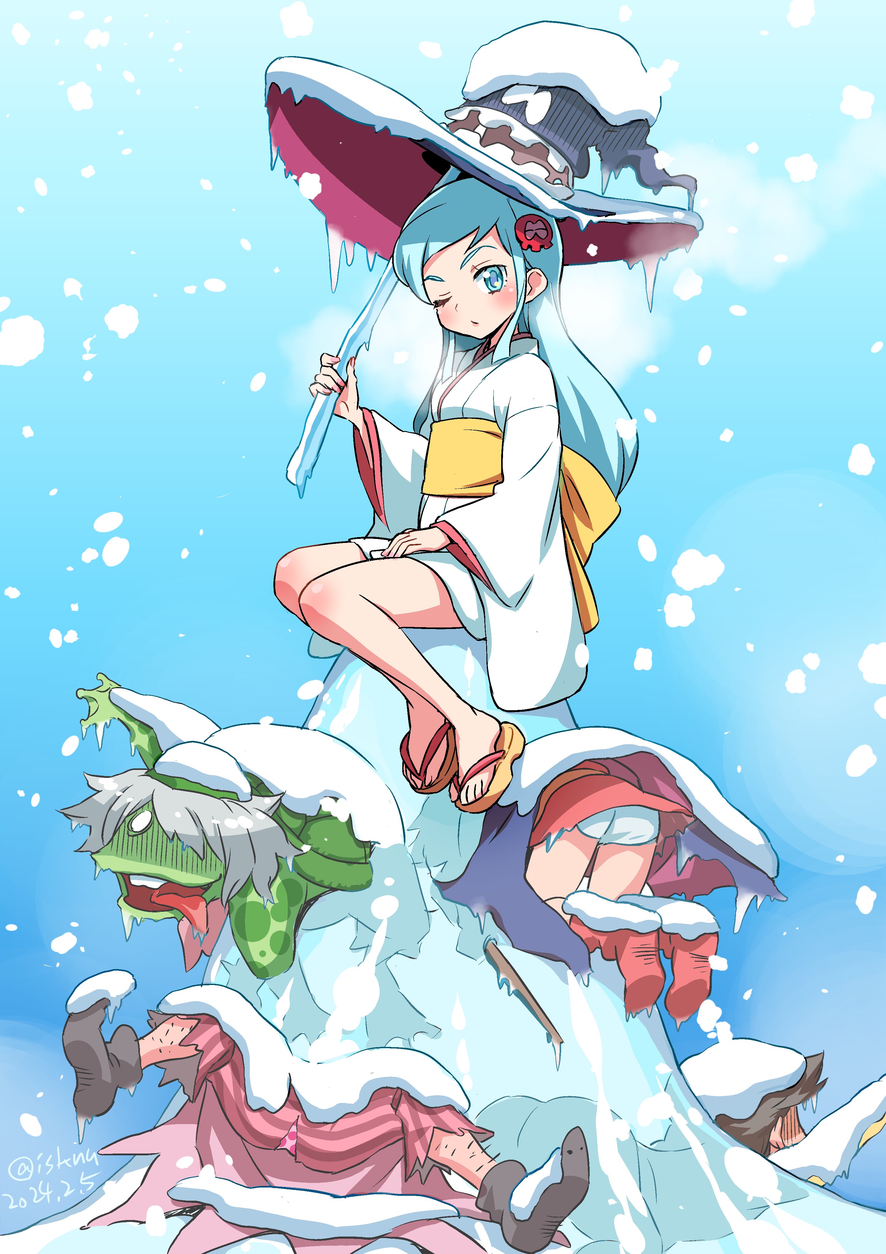 isedaichi ken, chapeauji, enma-kun, kappaeru, yukiko hime, dororon enma-kun, absurdres, commentary request, highres, 1girl, 3others, black hat, blue eyes, blue hair, dated, hair ornament, hat, japanese clothes, kimono, living clothes, long hair, looking at viewer, multiple others, one eye closed, open mouth, sandals, short kimono, skull hair ornament, smile, snowing, underwear, white kimono