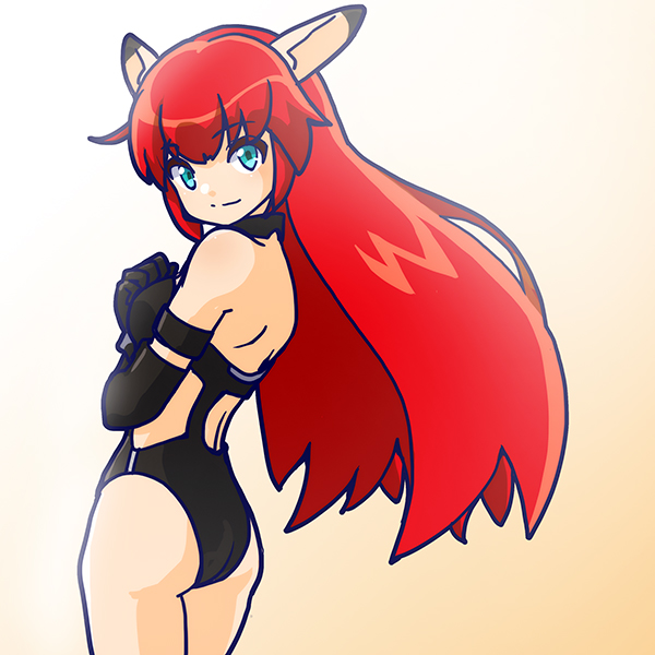 yososhi, fal (phantasy star), phantasy star, phantasy star iv, commentary request, 1girl, ass, black gloves, black leotard, blue eyes, breasts, closed mouth, elbow gloves, gloves, highleg, highleg leotard, leotard, long hair, looking at viewer, pointy ears, red hair, simple background, smile, solo
