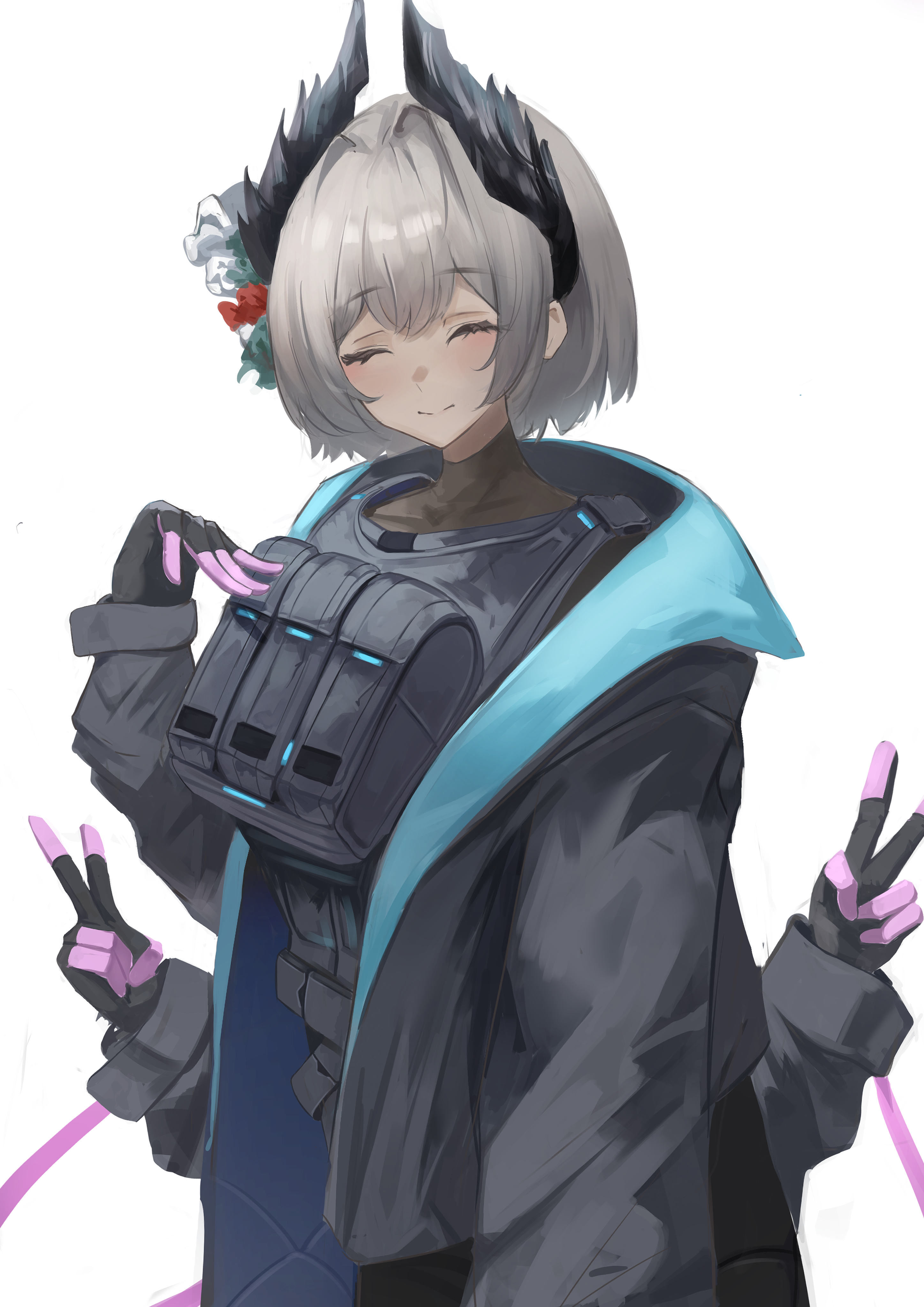 remapack77, raidian (arknights), arknights, absurdres, highres, 1girl, ^ ^, black gloves, black jacket, bulletproof vest, closed eyes, closed mouth, covered collarbone, double v, extra arms, facing viewer, gloves, grey hair, jacket, light blush, long sleeves, open clothes, open jacket, pink gloves, pouch, short hair, simple background, smile, solo, upper body, v, white background
