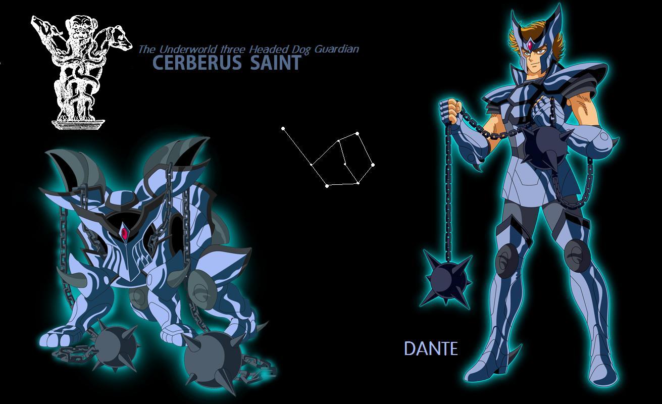 cerberus, cerberus dante, saint seiya, mythology, armor, ball and chain (weapon), chain, constellation, knight, mace, male focus, monster, spikes, warrior, weapon