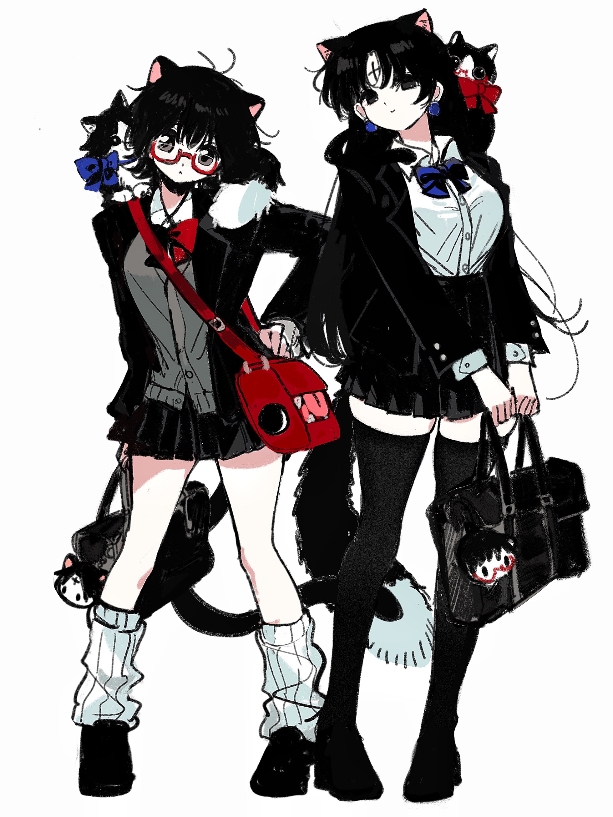 mangmuze, tuxedo cat, chrollo lucilfer, shizuku murasaki, hunter x hunter, absurdres, highres, 2girls, animal ears, bag, bag charm, black bag, black eyes, black hair, black jacket, black shoes, black skirt, black thighhighs, blazer, blue bow, bow, breasts, buttons, cat, cat ears, character charm, charm (object), collared shirt, cross tattoo, crossbody bag, earrings, forehead tattoo, full body, genderswap, genderswap (mtf), hand on own hip, high-waist skirt, holding, holding bag, jacket, jewelry, kemonomimi mode, lapels, large breasts, leg warmers, long hair, long sleeves, looking at viewer, loose socks, matching outfits, medium breasts, multiple girls, notched lapels, red-framed eyewear, red bag, semi-rimless eyewear, shirt, shirt tucked in, shoes, short hair, simple background, skindentation, skirt, smile, socks, standing, tattoo, thighhighs, white background, white leg warmers, white shirt, zettai ryouiki