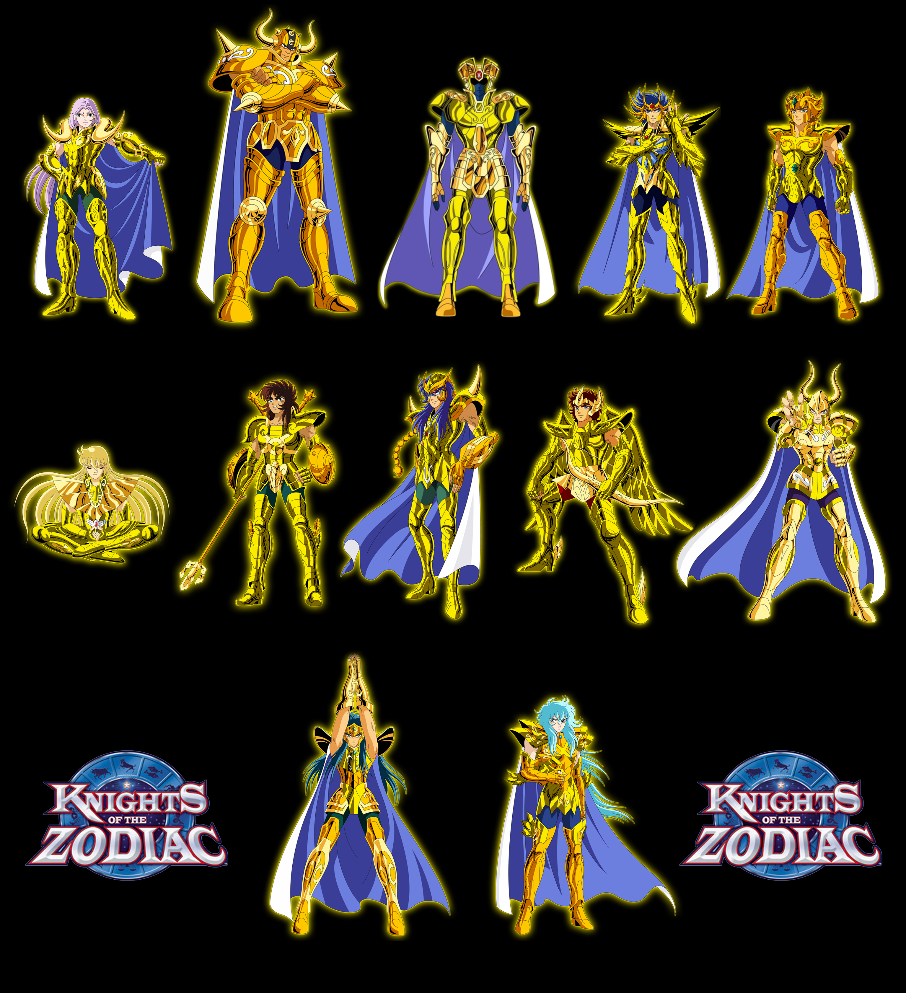 aquarius camus, aries muu, camyu, cancer deathmask, capricorn shura, gemini saga, leo aiolia, libra douko, pisces aphrodite, sagittarius aiolos, scorpio milo, taurus aldebaran, virgo shaka, knights, saint seiya, mythology, tall, absurdres, highres, 6+boys, armor, blonde hair, brazil, constellation, dots, everyone, lemurian, long hair, male focus, manly, multiple boys, muscular, purple hair, saint, spikes, zodiac