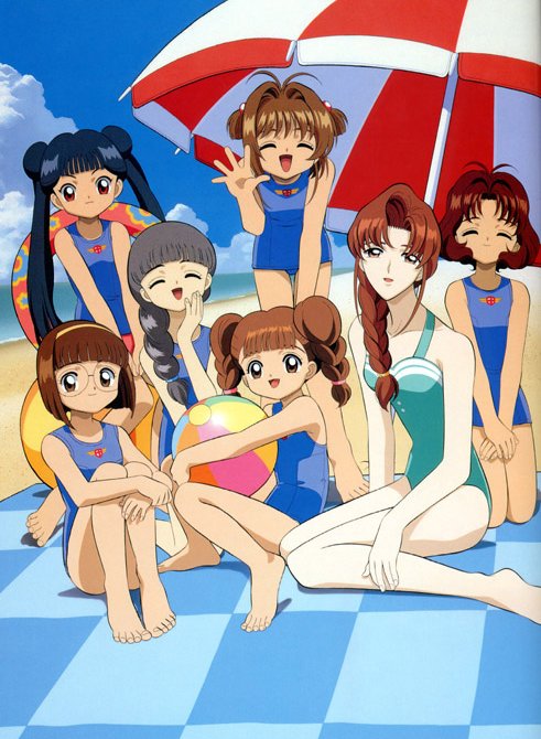 daidouji tomoyo, kinomoto sakura, li meiling, mihara chiharu, mizuki kaho, sasaki rika, yanagisawa naoko, cardcaptor sakura, official art, 1990s (style), 6+girls, beach, child, everyone, multiple girls, one-piece swimsuit, outdoors, retro artstyle, school swimsuit, swimsuit