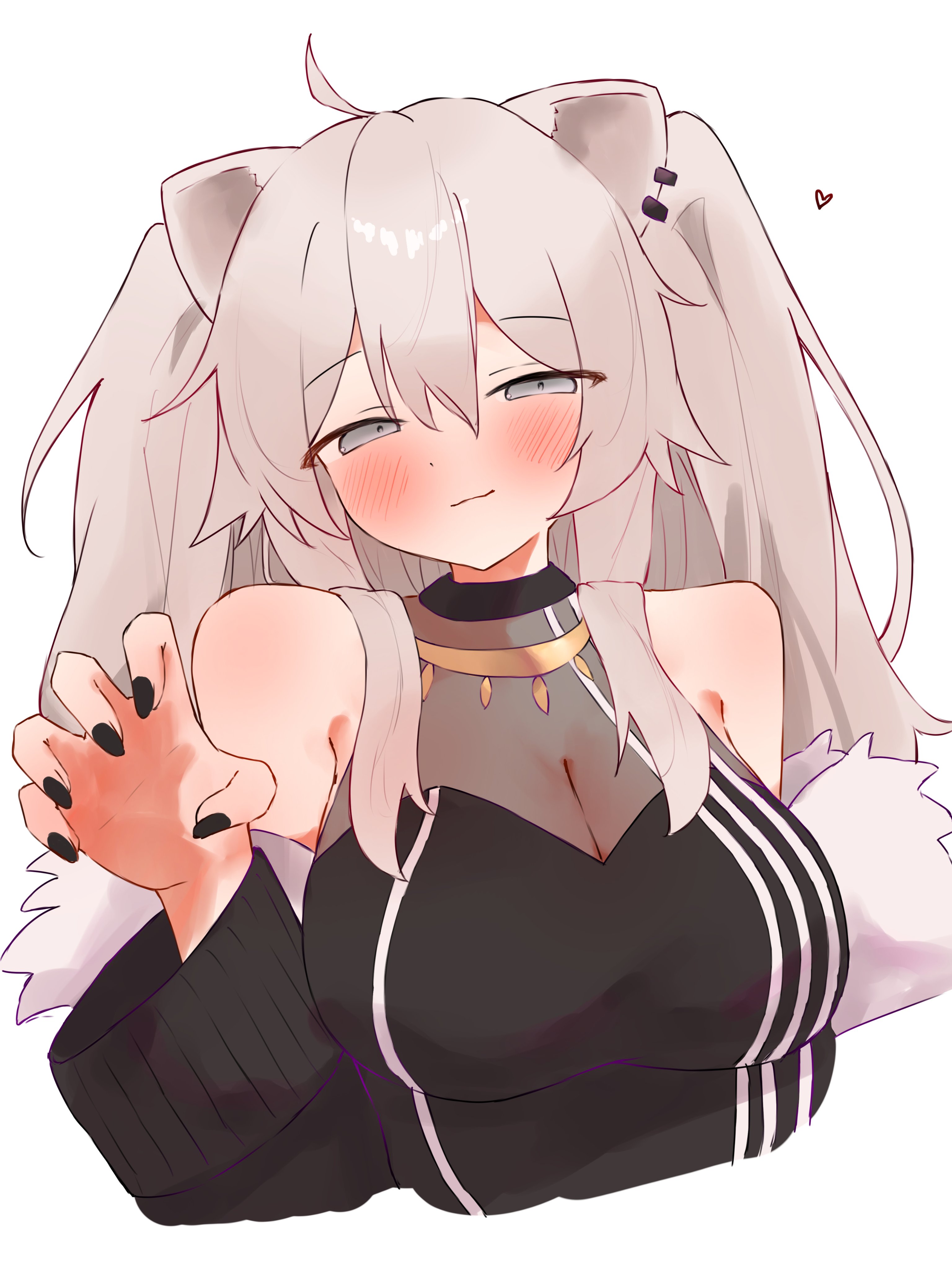 tepenchi, shishiro botan, shishiro botan (1st costume), hololive, absurdres, highres, 1girl, ahoge, animal ear piercing, black jacket, black nails, blush, breasts, claw pose, cleavage, closed mouth, fur-trimmed jacket, fur trim, grey eyes, grey hair, heart, jacket, large breasts, long hair, looking at viewer, nail polish, two side up, virtual youtuber