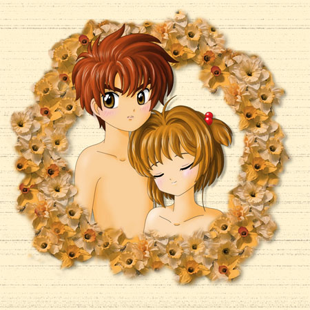 kinomoto sakura, li syaoran, cardcaptor sakura, lowres, 1990s (style), couple, male focus, nude, retro artstyle, wreath