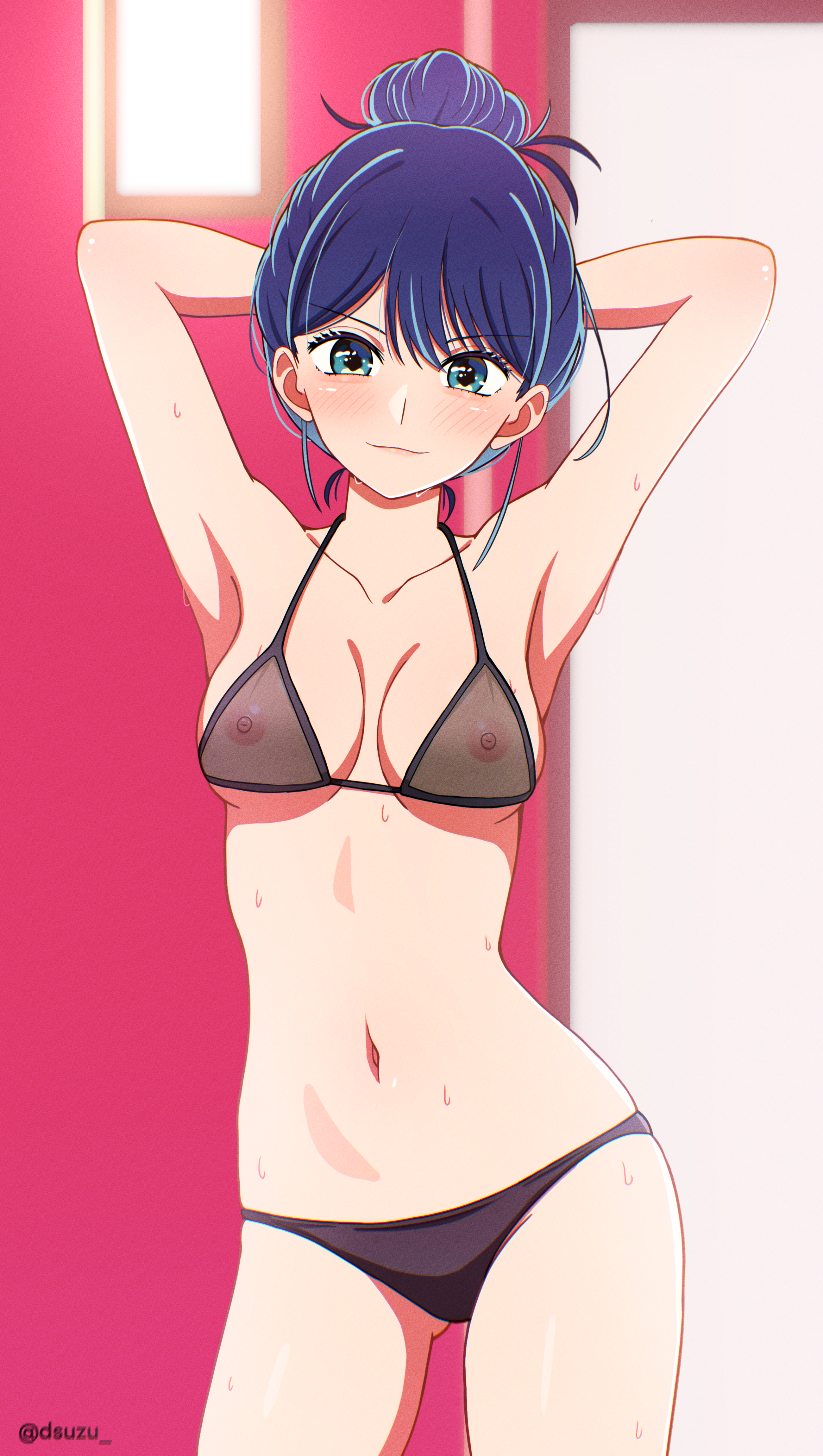 dsuzu, kurokawa akane, oshi no ko, absurdres, highres, 1girl, alternate costume, armpits, arms up, bikini, black bikini, blue eyes, blue hair, breasts, collarbone, covered erect nipples, cowboy shot, hair bun, looking at viewer, navel, short hair, single hair bun, smile, solo, stomach, swimsuit