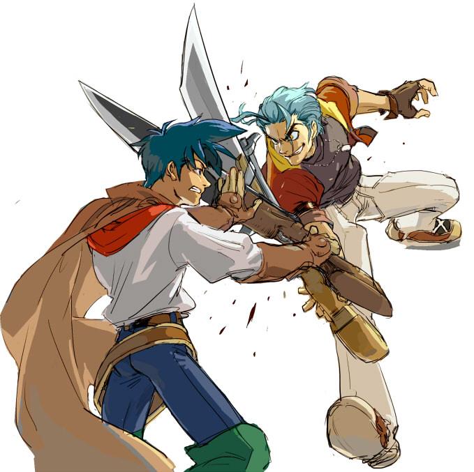 hanakuso, ashley winchester, janus cascade, wild arms, wild arms 2, wild arms 3, commentary request, 2boys, bayonet, blue hair, coat, fighting, fingerless gloves, gloves, holding, holding weapon, in-franchise crossover, multiple boys, simple background, smile, weapon, white background