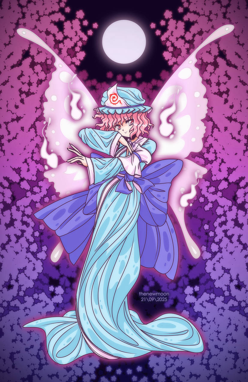 saigyouji yuyuko, perfect cherry blossom, touhou, highres, butterfly wings, full body, hat, insect wings, japanese clothes, kimono, looking at viewer, medium hair, pink eyes, pink hair, thenewmoonnm, watermark, wings