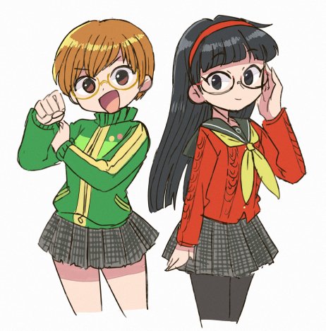tsubobot, amagi yukiko, satonaka chie, persona, persona 4, lowres, 2girls, black eyes, black hair, brown eyes, brown hair, closed mouth, glasses, hairband, jacket, long hair, looking at viewer, multiple girls, open mouth, pantyhose, school uniform, short hair, simple background, skirt, smile, white background, yasogami school uniform