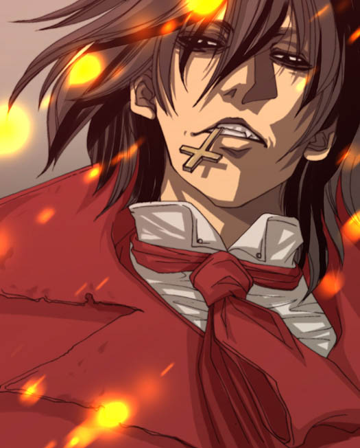 solid&etc, alucard (hellsing), hellsing, 1boy, black eyes, black hair, coat, cross, fang, hair between eyes, inverted cross, male focus, mouth hold, necktie, overcoat, red coat, red theme, solo, vampire