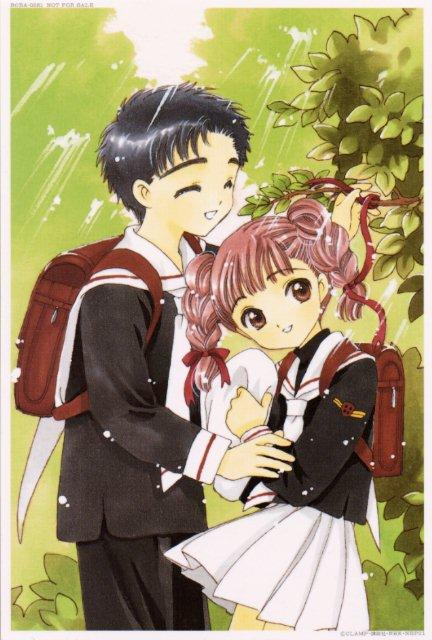 clamp, mihara chiharu, yamazaki takashi, cardcaptor sakura, official art, tagme, 1990s (style), 1boy, 1girl, ^ ^, backpack, bag, black hair, braid, brown eyes, brown hair, child, closed eyes, couple, happy, looking at viewer, outdoors, randoseru, retro artstyle, sailor collar, school uniform, serafuku, short hair, smile, tomoeda middle school uniform, twin braids