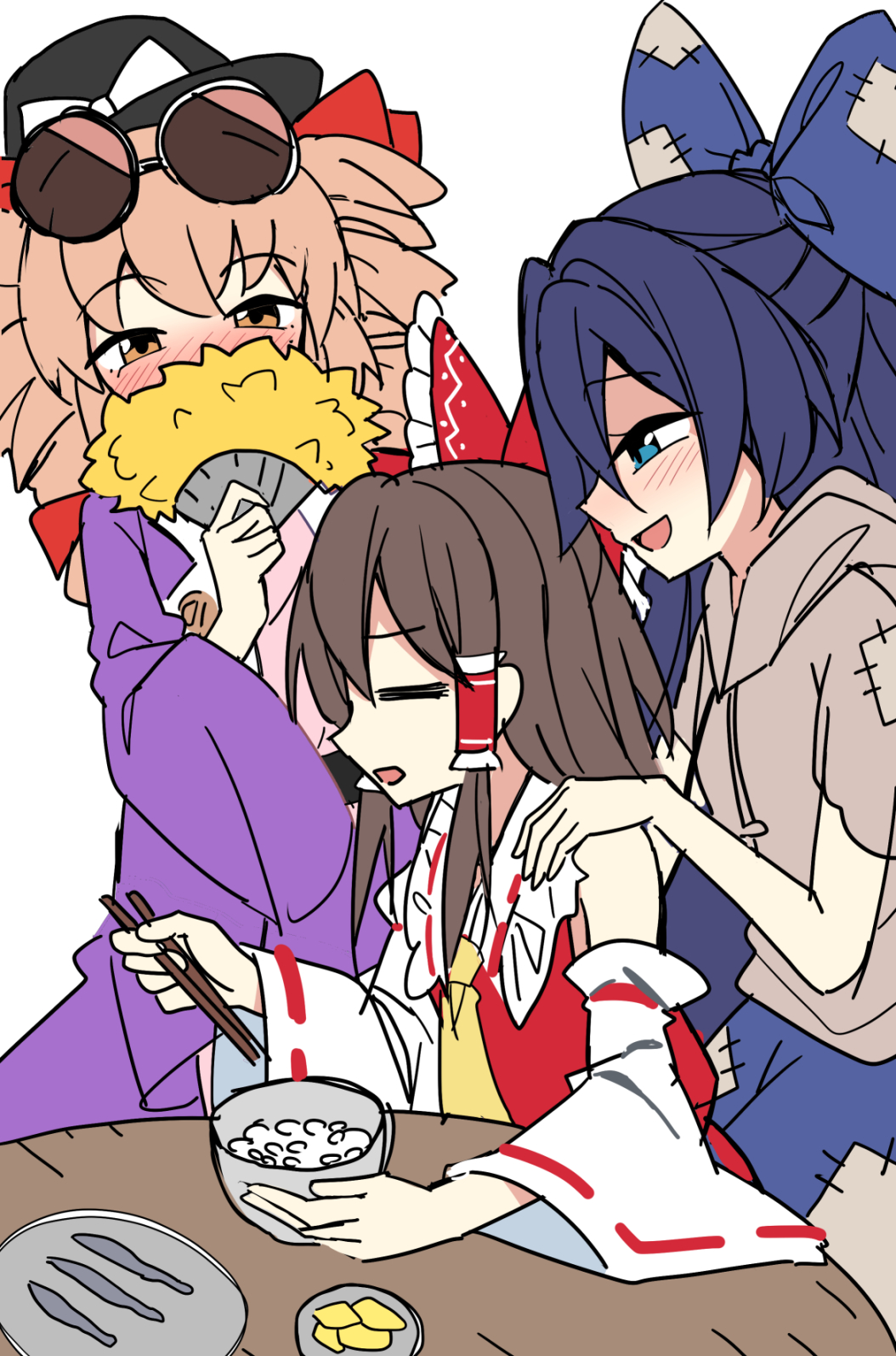e.o., hakurei reimu, yorigami jo'on, yorigami shion, touhou, commentary request, highres, 3girls, ascot, black hat, blue bow, blue eyes, blue hair, blue skirt, blush, bow, bowl, brown hair, chopsticks, closed eyes, coat, detached sleeves, drill hair, eyewear on head, frilled bow, frilled hair tubes, frills, grey hoodie, hair bow, hair tubes, hand fan, hat, holding, holding chopsticks, holding fan, hood, hoodie, long hair, multiple girls, open mouth, orange eyes, orange hair, patchwork clothes, purple coat, red bow, ribbon-trimmed sleeves, ribbon trim, rice bowl, round eyewear, siblings, simple background, sisters, skirt, smile, sunglasses, table, top hat, twin drills, white background, yellow ascot