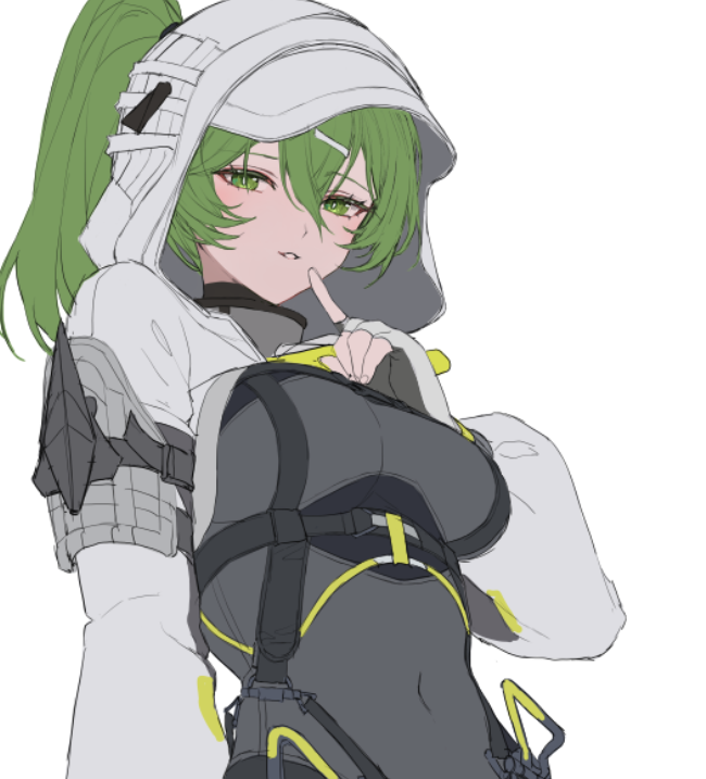 molyb, fluorite (arknights), arknights, arknights: endfield, unfinished, 1girl, black bodysuit, black gloves, bodysuit, breasts, covered navel, finger to mouth, flat color, gloves, green eyes, green hair, grey gloves, grey hood, hair between eyes, hair ornament, hairclip, hood, hood up, light smile, long sleeves, looking at viewer, medium breasts, medium hair, shushing, simple background, solo, strap, upper body, white background