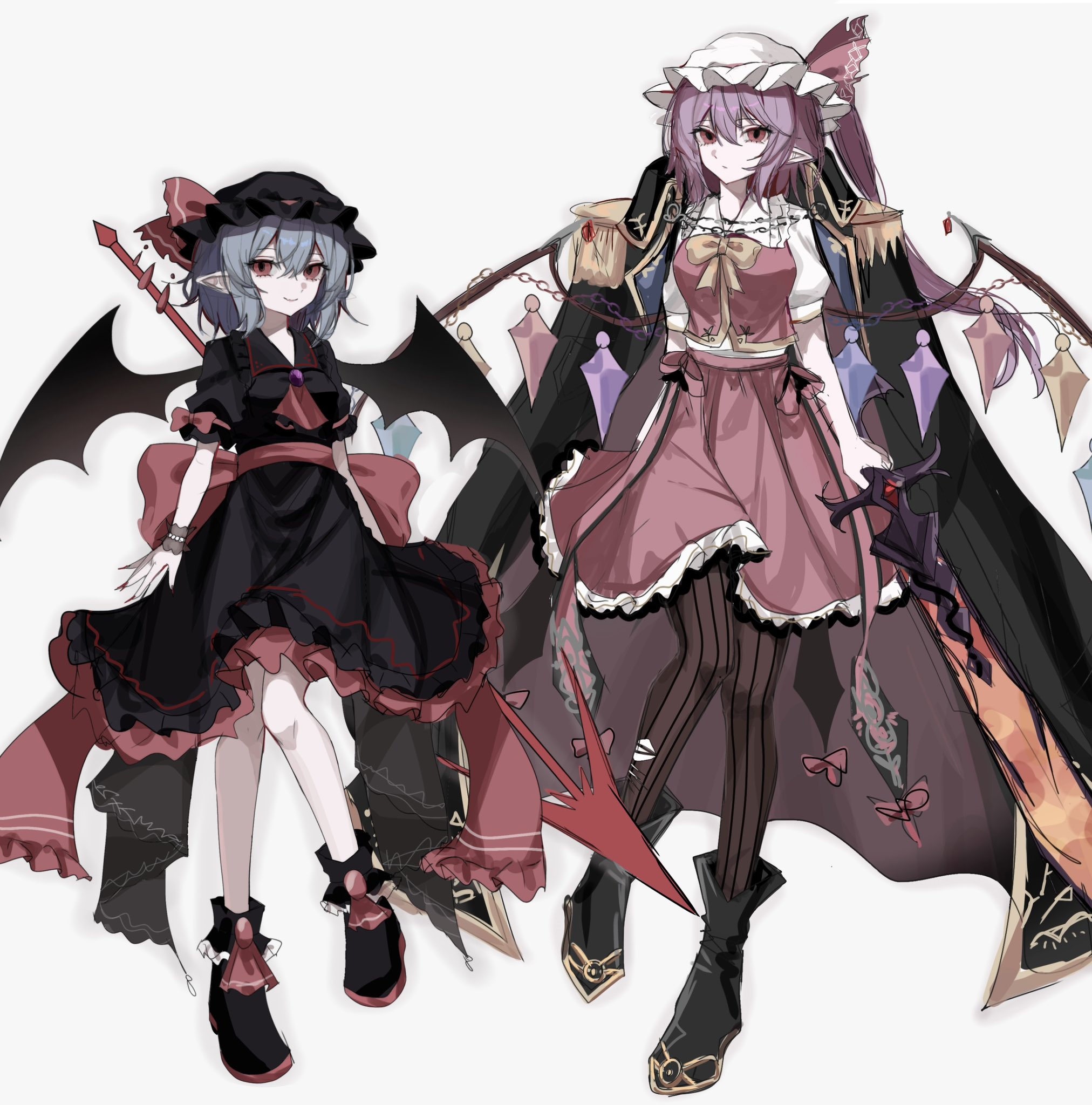 tomura amane, flandre scarlet, flandre scarlet (vampire pursuing the hunter), remilia scarlet, remilia scarlet (tiny devil mistress), touhou, touhou lostword, commentary request, highres, 2girls, adapted costume, alternate color, alternate hair color, ascot, bat wings, black boots, black coat, black hat, black shirt, black skirt, blue hair, boots, bow, bowtie, brooch, closed mouth, coat, coat on shoulders, collared shirt, crystal, crystal wings, frilled shirt collar, frilled skirt, frills, full body, hat, hat ribbon, height difference, holding, holding polearm, holding sword, holding weapon, jewelry, looking at viewer, mob cap, multicolored wings, multiple girls, pantyhose, pointy ears, polearm, puffy short sleeves, puffy sleeves, purple hair, red ascot, red bow, red eyes, red skirt, red vest, ribbon, shirt, short sleeves, simple background, skirt, skirt set, sleeve bow, smile, spear, spear the gungnir, striped clothes, striped pantyhose, sword, vertical-striped clothes, vertical-striped pantyhose, vest, weapon, white hat, white shirt, wings, yellow bow, yellow bowtie