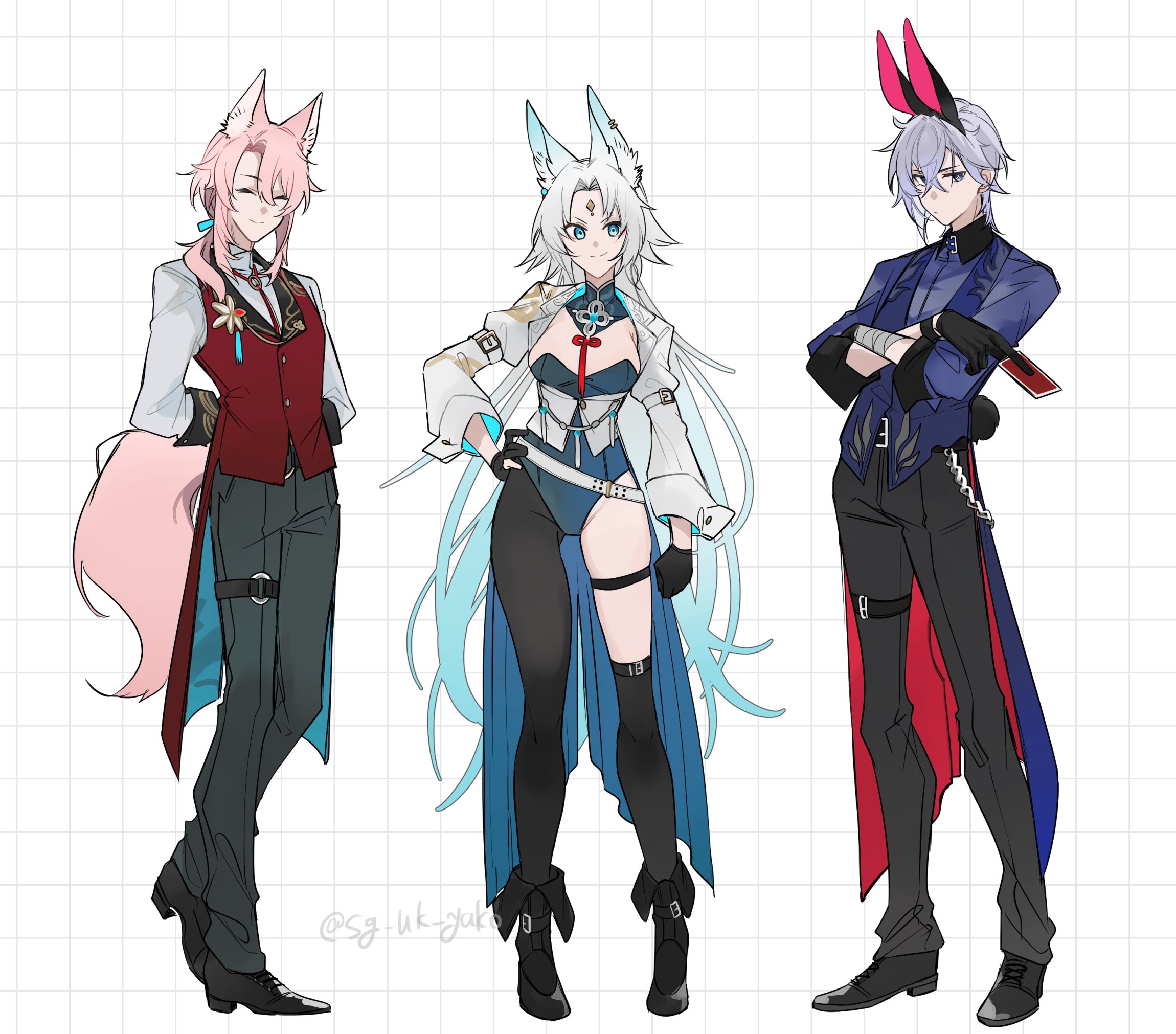 yakota (usuk-yako), feixiao (honkai: star rail), jiaoqiu (honkai: star rail), moze (honkai: star rail), honkai: star rail, honkai (series), highres, >:), 1girl, 2boys, ^ ^, adapted costume, animal ear fluff, animal ear hairband, animal ears, arms behind back, asymmetrical legwear, bandaged wrist, bandages, belt, black boots, black gloves, black pants, black pantyhose, black shoes, black socks, blue leotard, blue shirt, blue vest, bolo tie, boots, breasts, card, closed eyes, closed mouth, coattails, contrast collar, contrast lapels, cropped jacket, crossed arms, crossed bangs, curtained hair, detached collar, fake animal ears, fake tail, fold-over boots, forehead jewel, fox boy, fox ears, fox girl, fox tail, full body, gloves, green pants, grey hair, grid background, hair between eyes, hair over shoulder, hair ribbon, hairband, hand on own hip, highleg, highleg leotard, holding, holding card, jacket, kneehighs, lapel pin, lapels, leotard, lineup, long hair, looking at viewer, low neckline, low ponytail, male playboy bunny, mandarin collar, medium breasts, medium hair, multiple boys, neck tassel, notched lapels, o-ring, o-ring thigh strap, open clothes, open jacket, oxfords, pants, pantyhose, parted bangs, pink hair, playboy bunny, ponytail, rabbit ear hairband, rabbit ears, rabbit tail, red vest, ribbon, shirt, shoes, short hair, single leg pantyhose, sleeve cuffs, smile, socks, standing, strapless, strapless leotard, tail, tailcoat, tassel, thigh strap, two-sided fabric, underbust, uneven legwear, v-shaped eyebrows, very long hair, vest, wallet chain, white background, white belt, white hair, white jacket, white shirt