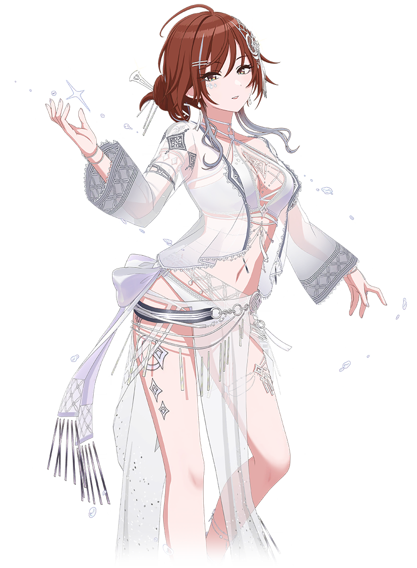 aketa mikoto, idolmaster, idolmaster shiny colors, idolmaster shiny colors song for prism, official art, 1girl, bikini, earrings, jewelry, multicolored hair, navel, red hair, see-through clothes, solo, swimsuit, transparent background, white hair