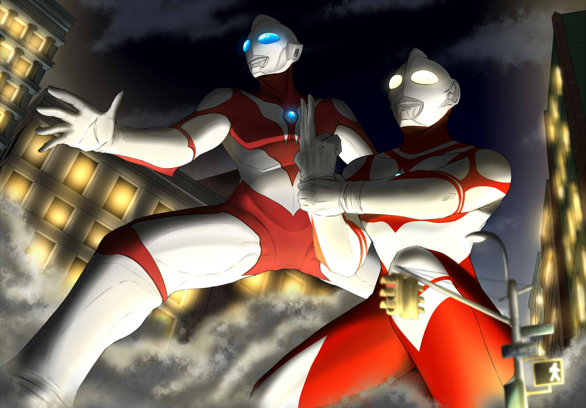 mafuyu tora, ultraman great, ultraman powered, tokusatsu, ultra series, ultraman: the ultimate hero, ultraman: towards the future, commentary request, 2boys, alien, blue eyes, building, city lights, color timer, colored skin, dust cloud, from below, giant, glowing, glowing eyes, multicolored skin, multiple boys, night, outdoors, pedestrian lights, red skin, silver skin, white skin, yellow eyes