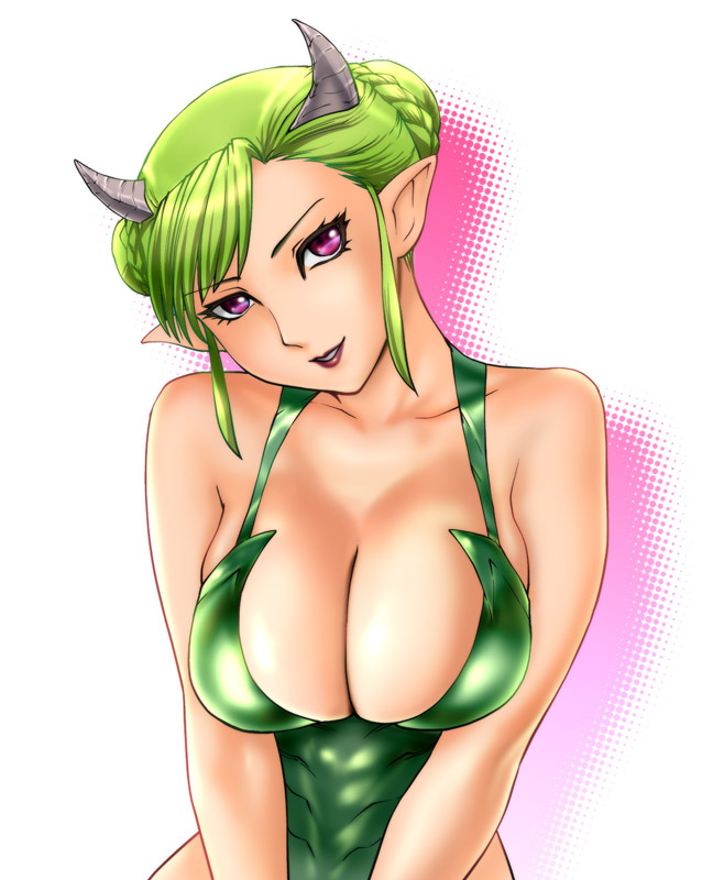 ueyama michirou, original, 1girl, bare shoulders, breasts, breasts squeezed together, cleavage, demon girl, female focus, green hair, halftone, halftone background, horns, huge breasts, lipstick, makeup, pointy ears, purple eyes, solo, white background