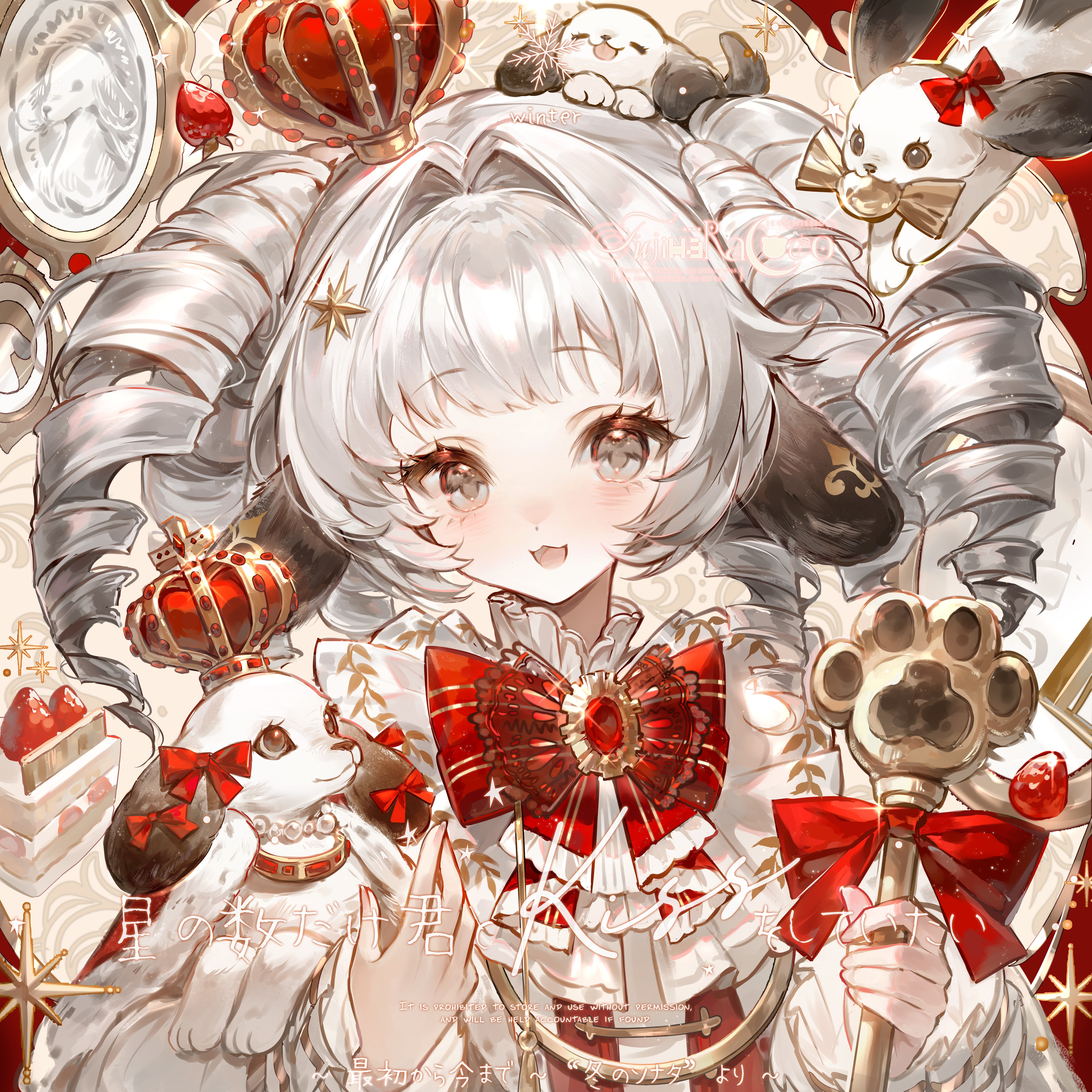 tengyuan keke, original, red gem, absurdres, commission, highres, mihuashi commission, 1girl, animal, ascot, blunt bangs, blush, bow, bowtie, cake, cake slice, crown, dog, dot nose, eyelashes, fingernails, food, frills, fruit, gem, gradient hair, grey eyes, grey hair, hair intakes, hair ornament, holding, holding staff, long hair, long sleeves, multicolored hair, open mouth, picture frame, red bow, red bowtie, ringlets, sidelocks, solo, sparkle, square, staff, star (symbol), star hair ornament, strawberry, upper body, watermark