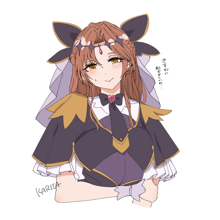 karita, cure arcana shadow, kawashima mizuki, touyama nao, idolmaster, idolmaster cinderella girls, meitantei precure!, precure, commentary request, translation request, 1girl, back bow, black bow, black capelet, black dress, blush, bow, breasts, brooch, brown eyes, brown hair, capelet, closed mouth, cosplay, cure arcana shadow (cosplay), dress, frills, hair bow, hair ornament, heart, heart brooch, jewelry, long hair, looking at viewer, magical girl, purple veil, simple background, smile, solo, sweatdrop, veil, voice actor connection, white background, wrist cuffs