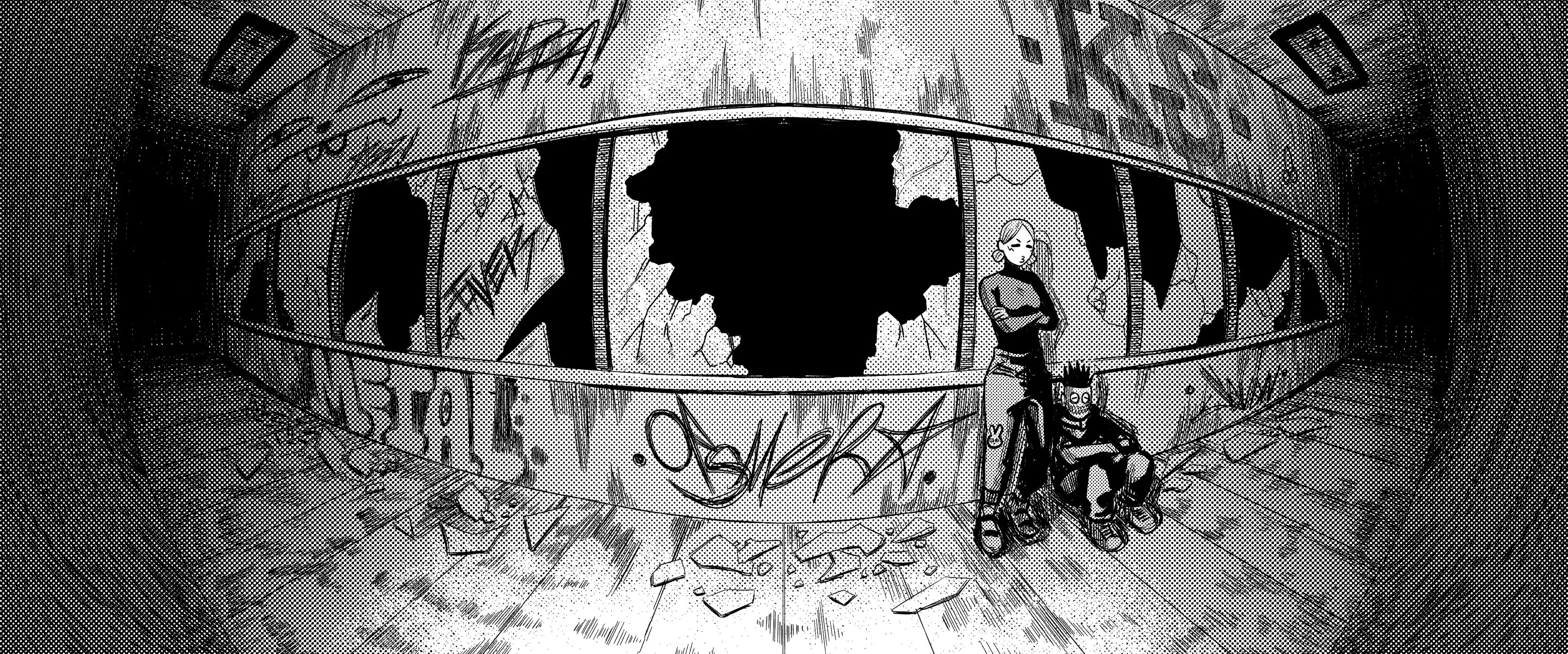 seveninks, original, absurdres, commentary, highres, stitched, third-party edit, 1boy, 1girl, = =, breasts, broken glass, broken window, crossed arms, glass, graffiti, greyscale, hallway, hatching (texture), linear hatching, low twintails, mask, medium breasts, monochrome, o3o, pants, shirt, sitting, spiked hair, turtleneck, turtleneck shirt, twintails, very wide shot