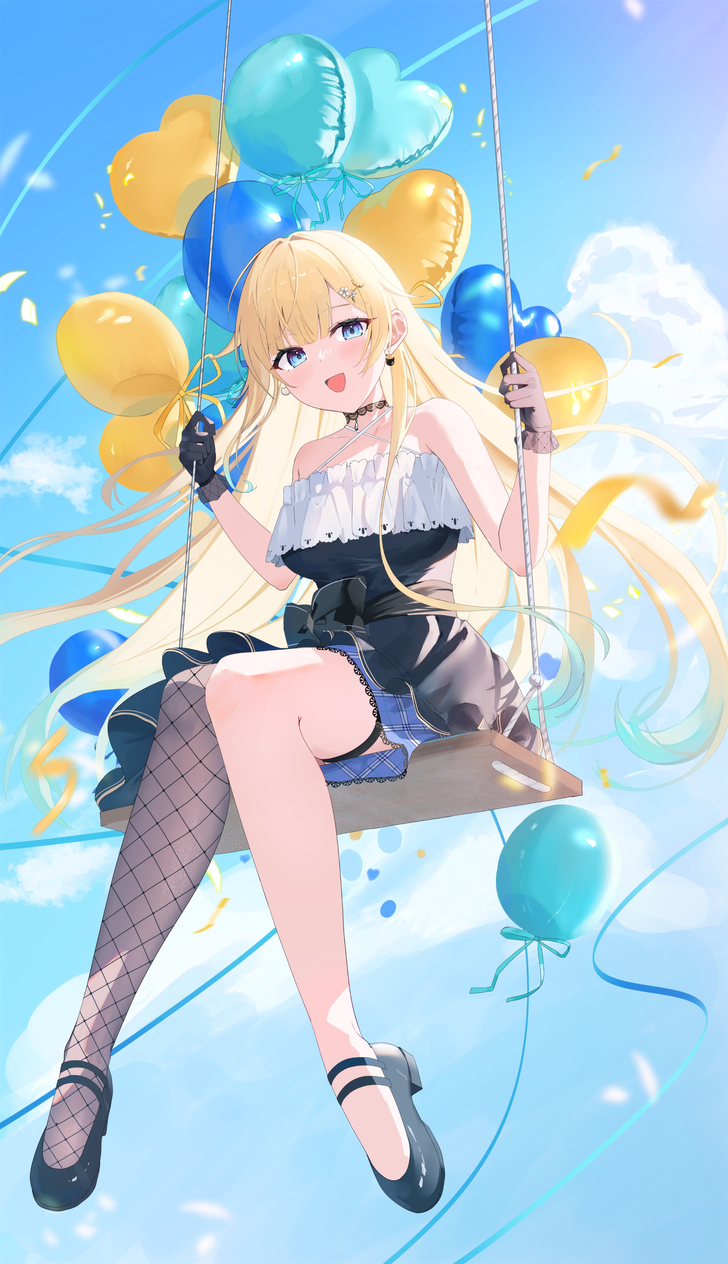 aki uzuki3, aizawa ema, vspo!, absurdres, commentary request, highres, 1girl, aqua hair, balloon, bare shoulders, black gloves, black shoes, blonde hair, blue eyes, blue sky, cloud, cloudy sky, dress, fishnet thighhighs, fishnets, floating hair, full body, gloves, gradient hair, heart balloon, long hair, looking at viewer, multicolored hair, open mouth, shoes, single thighhigh, sitting, sky, sleeveless, sleeveless dress, smile, solo, thighhighs, virtual youtuber
