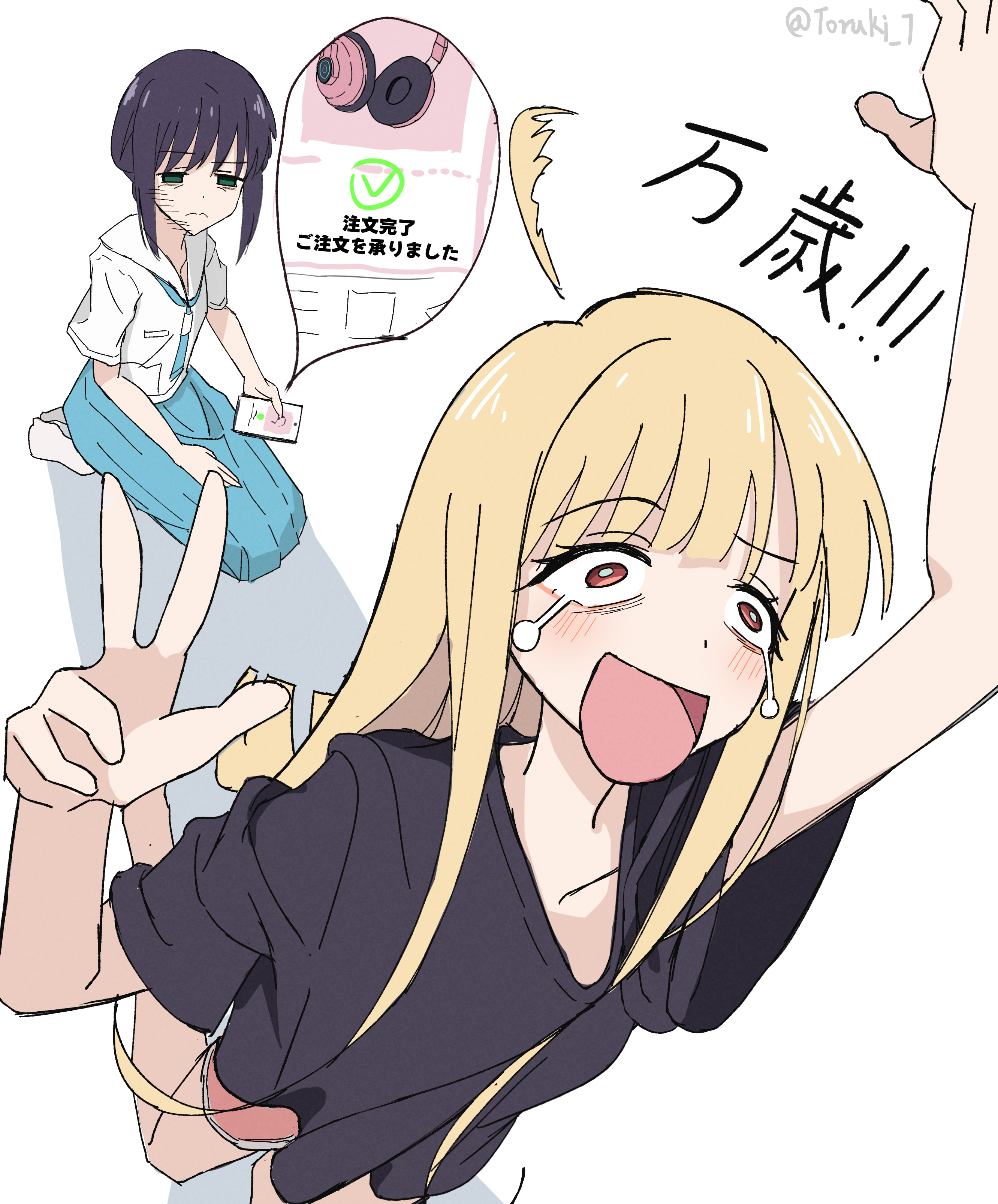 traum, sakayori iroha, absurdres, commentary request, highres, translation request, 2girls, :d, ahoge, ahoge wag, arm up, black hair, black shirt, blonde hair, blue neckerchief, blue skirt, blunt bangs, brown eyes, cho kaguya-hime!, constricted pupils, expressive hair, green eyes, hand up, headphones, kaguya (cho kaguya-hime!), long hair, multiple girls, neckerchief, open mouth, pleated skirt, red eyes, sailor collar, school uniform, serafuku, shirt, short hair, short sleeves, sitting, skirt, smile, speech bubble, t-shirt, w, white background, white shirt