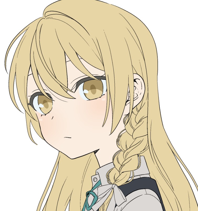 tsuno no hito, kirisame marisa, touhou, commentary, 1girl, black vest, blonde hair, bow, braid, closed mouth, collared shirt, green ribbon, hair bow, long hair, looking at viewer, neck ribbon, ribbon, shirt, side braid, simple background, single braid, solo, vest, white background, white bow, white shirt, yellow eyes