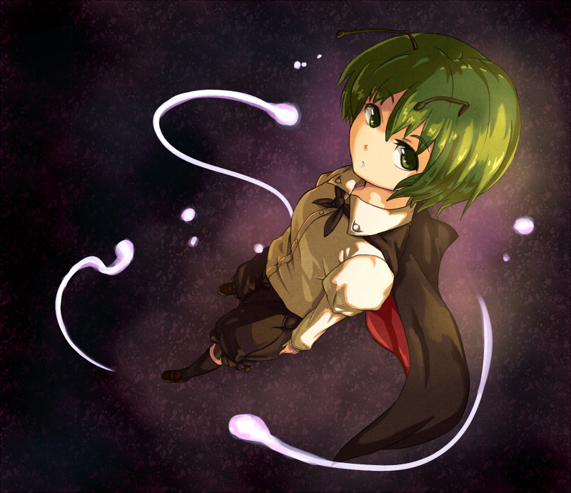 shibasaki shouji, wriggle nightbug, touhou, bad id, bad pixiv id, 1girl, androgynous, antennae, cape, female focus, from above, green eyes, green hair, matching hair/eyes, reverse trap, short hair, solo