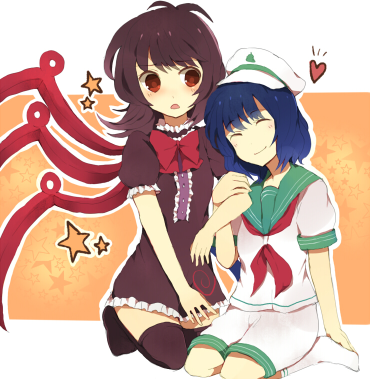 konoka, houjuu nue, murasa minamitsu, touhou, bad id, bad pixiv id, 2girls, asymmetrical wings, black hair, black thighhighs, blue hair, closed eyes, dress, female focus, happy, hat, heart, kneeling, locked arms, multiple girls, neckerchief, open mouth, red eyes, sailor, sailor collar, sailor hat, short hair, shorts, smile, socks, star (symbol), thighhighs, wings, yuri, zettai ryouiki