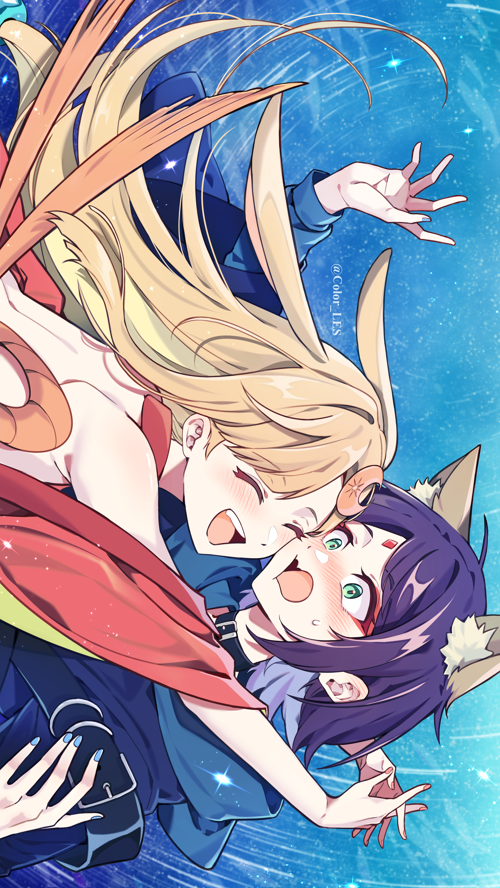 color-les, sakayori iroha, absurdres, commentary request, highres, 2girls, animal ears, artist name, blonde hair, blue background, blue nails, blush, cho kaguya-hime!, crescent, crescent hair ornament, forehead jewel, green eyes, hair ornament, hug, japanese clothes, kaguya (cho kaguya-hime!), kimono, long hair, looking at another, lop rabbit ears, multiple girls, nail polish, open mouth, outstretched arms, purple hair, rabbit ears, red kimono, short hair, sideways, smile, surprise hug, surprised, sweatdrop, upper body, yuri