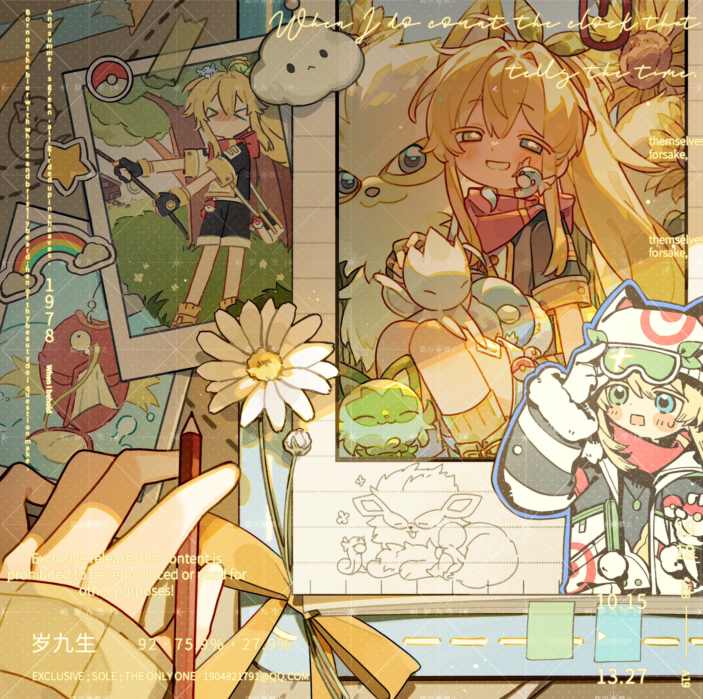 nintendo, original, pokemon, character request, commission, highres, mihuashi commission, > <, 1girl, ahoge, black gloves, blonde hair, blue eyes, blush, colored eyelashes, eyelashes, fingerless gloves, fish, flower, gloves, grin, hair between eyes, hair intakes, happy, hat, heterochromia, holding, holding poke ball, jacket, long hair, long sidelocks, long sleeves, multiple views, photo (object), poke ball, ponytail, rainbow, red scarf, scarf, short sleeves, shorts, sidelocks, sitting, smile, socks, star (symbol), striped clothes, striped jacket, sui jiu sheng, tape, unworn eyewear, watermark, white flower, yellow eyes, yellow socks