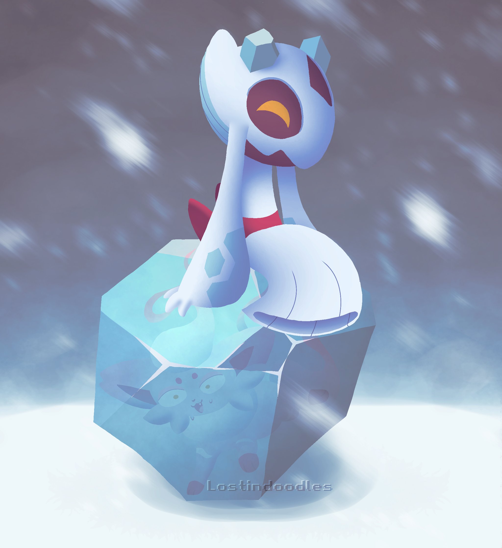 crow (lostindoodles), froslass, hisuian zorua, nintendo, pokemon, :3, ^ ^, arms at sides, artist name, back bow, bow, closed eyes, constricted pupils, fang, frozen, full body, gen 4 pokemon, happy, ice, no humans, no lineart, outdoors, pokemon (creature), red bow, sitting, snowing, solo focus, sweat, watermark, yellow eyes