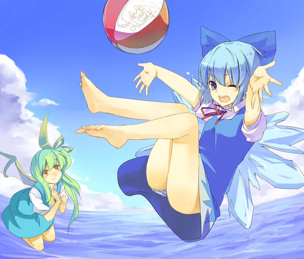 hasebe yuusaku, cirno, daiyousei, hakurei reimu, embodiment of scarlet devil, touhou, bad id, bad pixiv id, 2girls, ;d, ass, ball, barefoot, beachball, blue eyes, blue hair, bow, cloud, day, feet, green hair, hair bow, happy, multiple girls, one eye closed, open mouth, panties, pantyshot, round teeth, short hair, side ponytail, sky, smile, soles, striped clothes, striped panties, teeth, toes, underwear, wings, wink, yellow eyes