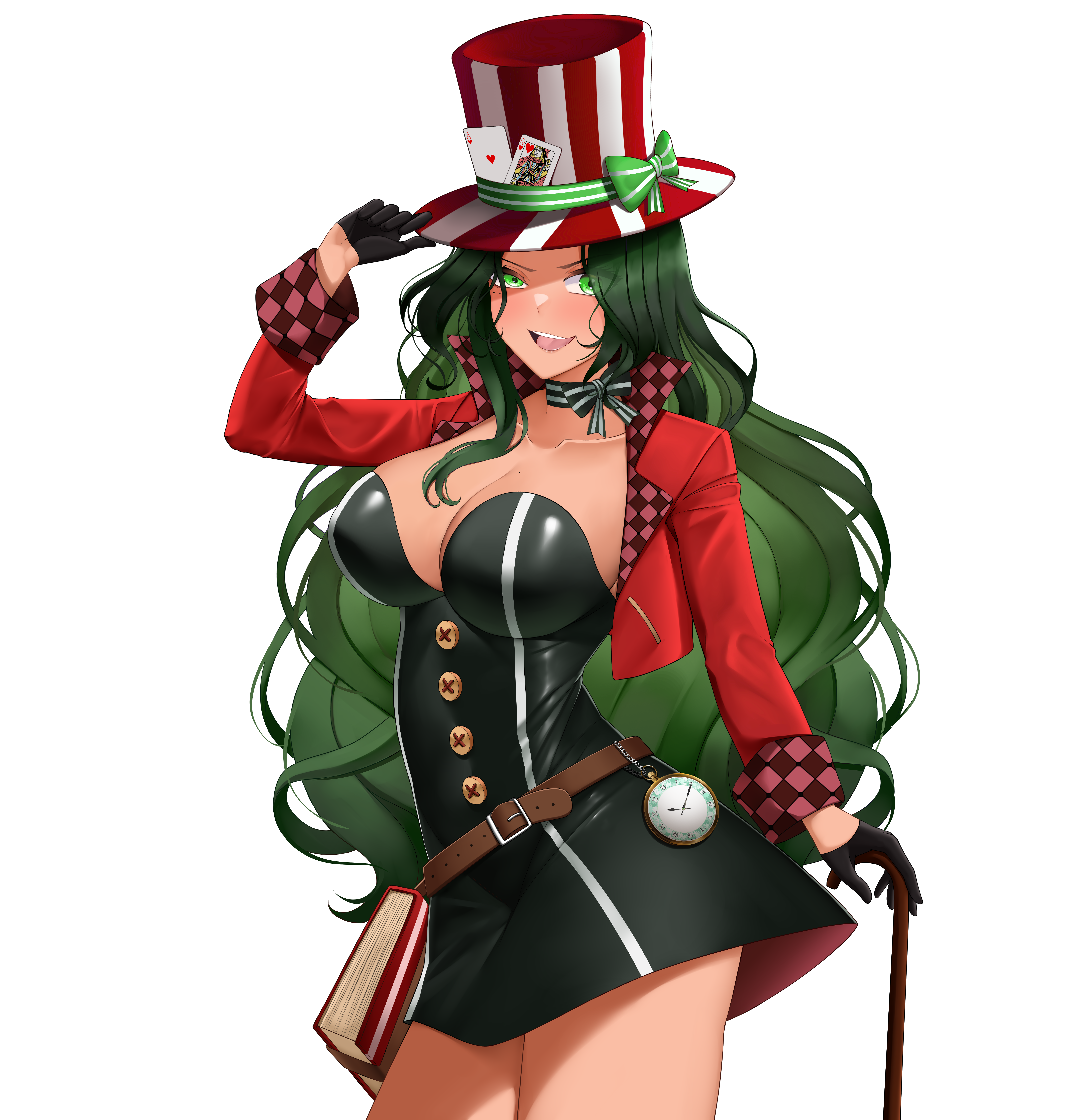 landacdeus, mad hatter (alice in wonderland), scarle yonaguni, alice's adventures in wonderland, nijisanji, nijisanji en, absurdres, highres, second-party source, 1girl, ace (playing card), ace of hearts, alternate costume, belt, black bow, black bowtie, black dress, black gloves, book, bow, bowtie, breasts, brown belt, buttons, cane, card, collarbone, cosplay, cropped jacket, dress, evil smile, gloves, green bow, green eyes, green ribbon, half gloves, hat, hat bow, hat ribbon, heart, holding, holding cane, jacket, long hair, long sleeves, mad hatter (alice in wonderland) (cosplay), mole, mole on breast, mole under eye, multiple moles, open clothes, open jacket, open mouth, playing card, queen (playing card), queen of hearts (playing card), red hat, red jacket, ribbon, short dress, smile, solo, striped bow, striped hat, top hat, transparent background, two-tone hat, virtual youtuber, watch, white hat