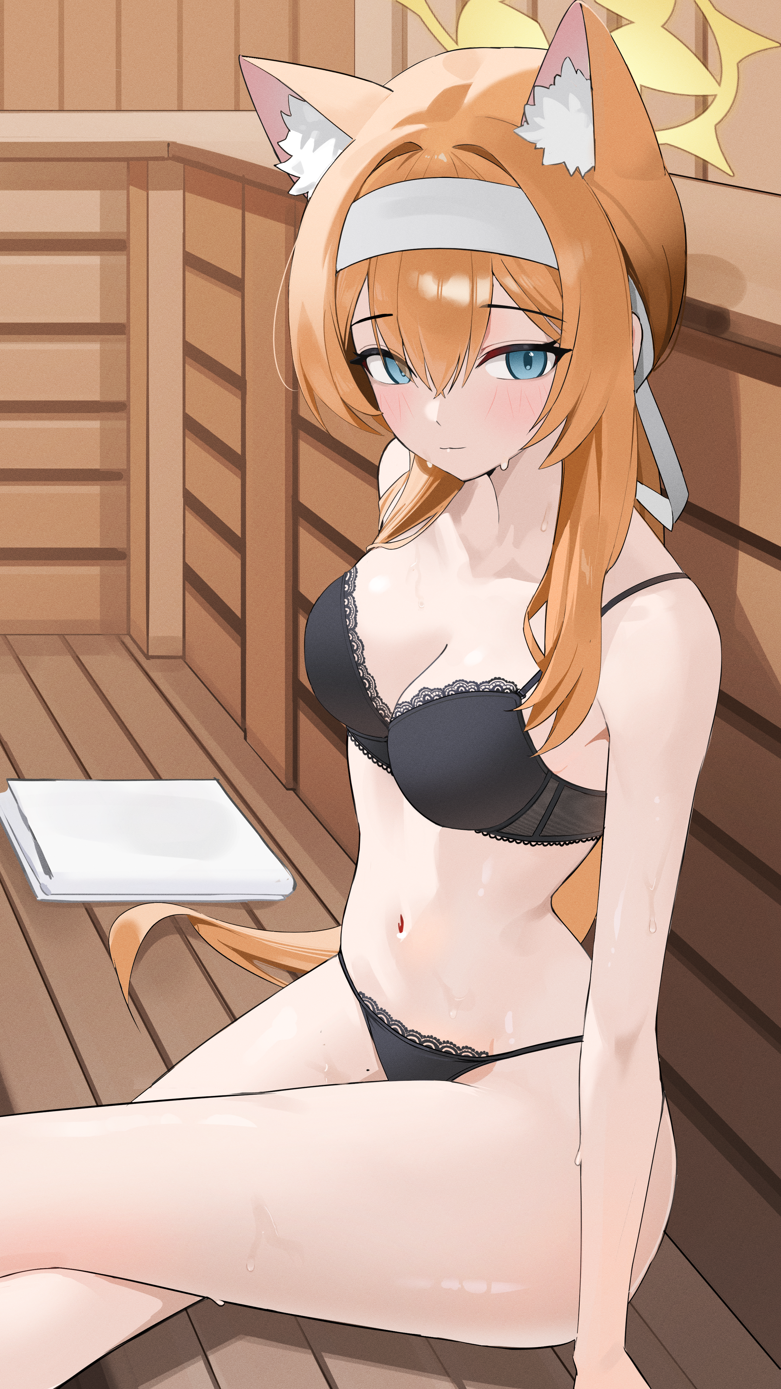 seueo, mari (blue archive), blue archive, absurdres, commentary, highres, korean commentary, 1girl, animal ear fluff, animal ears, arms at sides, bare arms, bare legs, bare shoulders, black bra, black panties, blue eyes, blush, bra, breasts, cat ears, closed mouth, collarbone, cowboy shot, from side, hair between eyes, hair ribbon, hairband, halo, indoors, light smile, long hair, looking to the side, medium breasts, mole, mole on thigh, navel, orange hair, panties, ribbon, sauna, shadow, sidelocks, sitting, solo, stomach, string panties, sweat, towel, underwear, underwear only, very long hair, white hairband, white ribbon, yellow halo