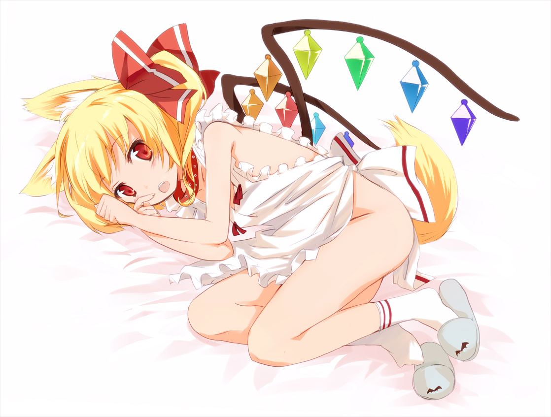 gotyou, flandre scarlet, embodiment of scarlet devil, touhou, 1girl, animal ears, apron, blonde hair, cat ears, cat girl, collar, female focus, full body, kemonomimi mode, leash, naked apron, ponytail, red eyes, short hair, side ponytail, slippers, solo, wings