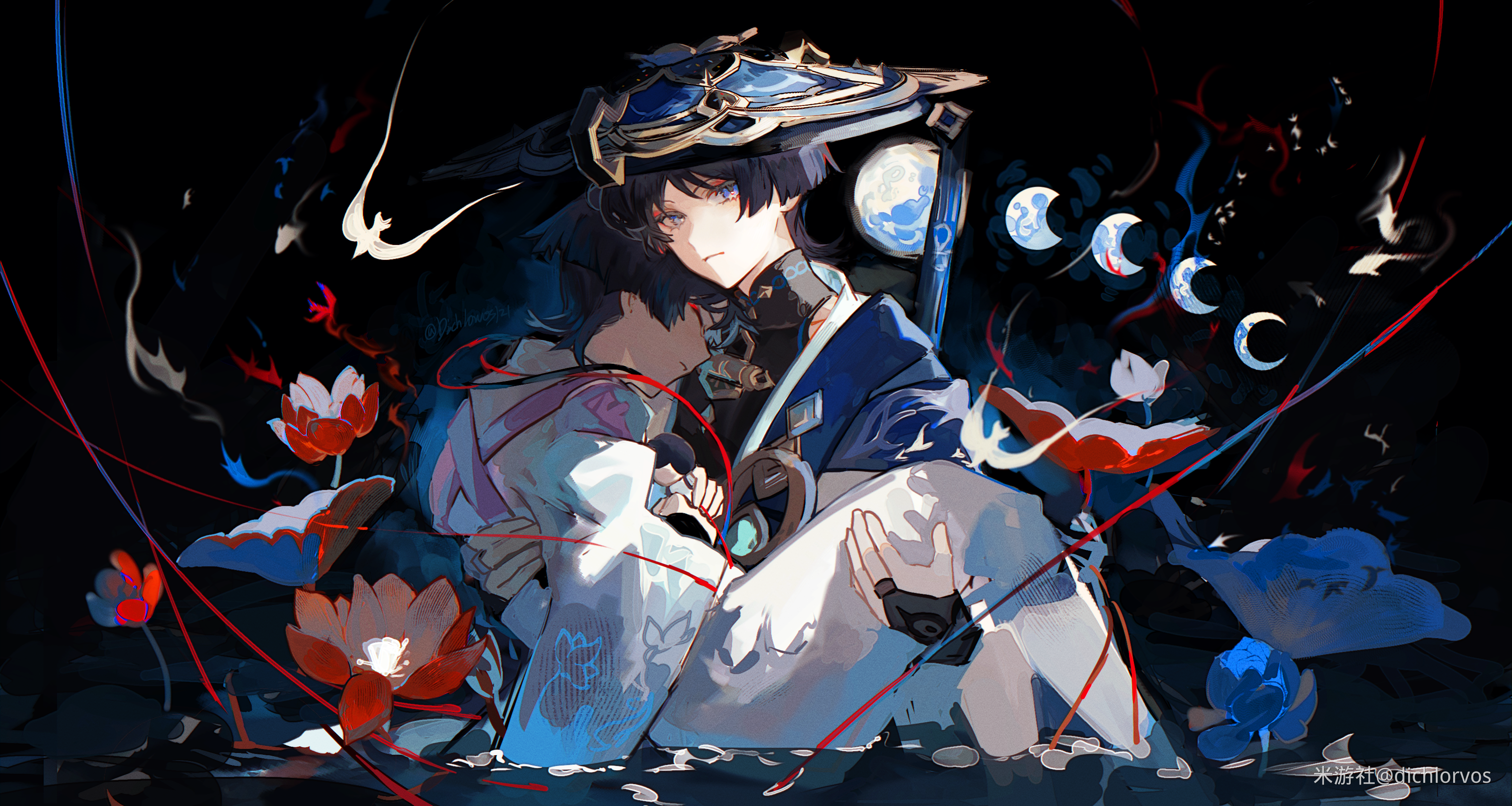 dichlorvos, scaramouche (genshin impact), scaramouche (kabukimono) (genshin impact), wanderer (genshin impact), genshin impact, blue gem, absurdres, chinese commentary, commentary request, highres, 2boys, black background, black hair, black shirt, blue cape, blue flower, blue hat, blunt ends, bridal gauntlets, cape, carrying, character doll, closed eyes, closed mouth, covered collarbone, detached sleeves, doll, dual persona, eyeshadow, floral print, flower, gem, gold necklace, gold ring, hat, holding, holding doll, japanese clothes, jewelry, jingasa, long sleeves, looking at viewer, makeup, male focus, mandarin collar, moon phases, multiple boys, necklace, open clothes, open vest, pants, princess carry, purple eyes, purple shirt, red eyeshadow, red flower, ring, shirt, short hair, short sleeves, simple background, sitting, sleeveless, sleeveless shirt, vest, vision (genshin impact), water, white pants, white vest, wide sleeves