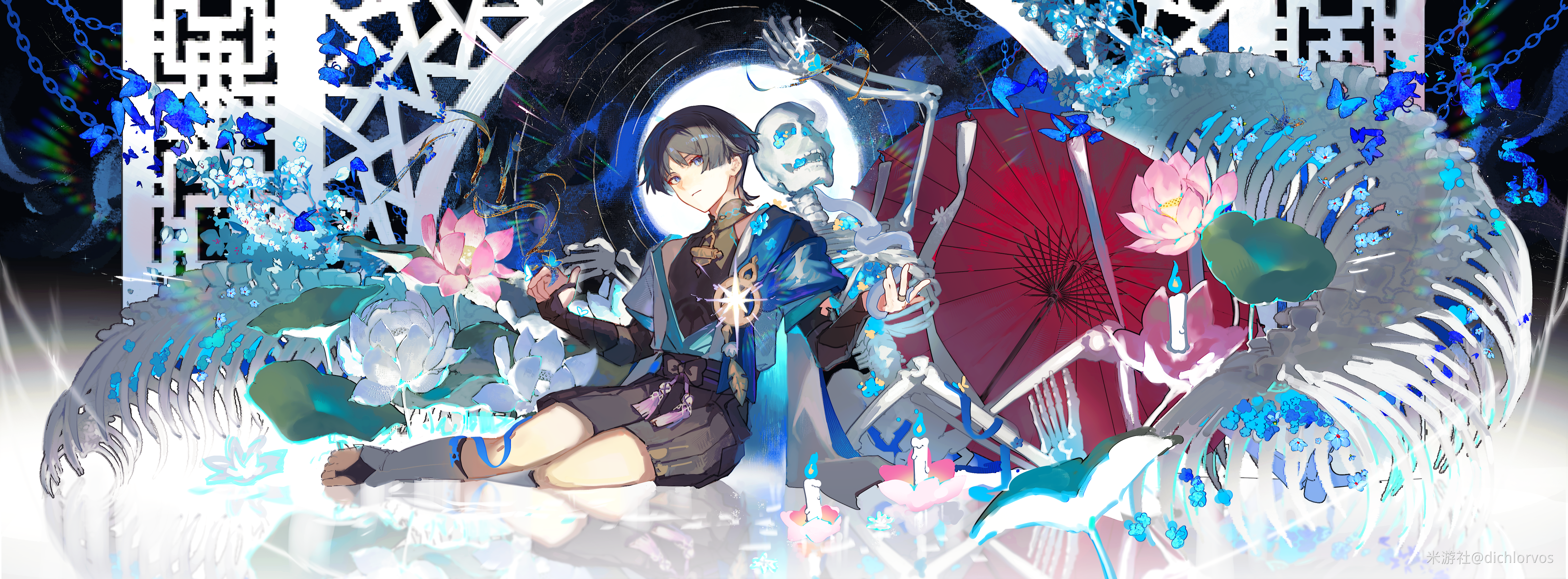 dichlorvos, scaramouche (genshin impact), wanderer (genshin impact), genshin impact, absurdres, chinese commentary, commentary request, highres, 1boy, armor, black hair, blue butterfly, blue eyes, blue flower, blue ribbon, bug, butterfly, candle, chain, closed mouth, flower, insect, japanese armor, japanese clothes, kote, kurokote, lotus, male focus, oil-paper umbrella, pink flower, ribbon, sitting, skeleton, tassel, umbrella, white flower