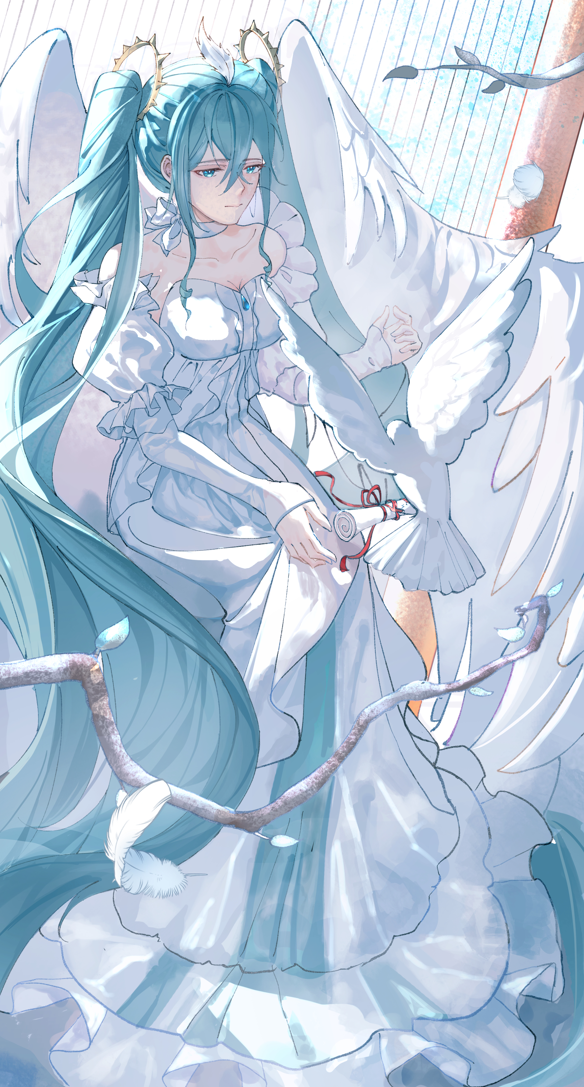 keaph, hatsune miku, vocaloid, blue gem, absurdres, commentary request, highres, 1girl, absurdly long hair, alternate costume, aqua eyes, aqua hair, bare shoulders, bird, breasts, collarbone, detached sleeves, dove, dress, falling feathers, feathered wings, feathers, gem, juliet sleeves, large breasts, long dress, long hair, long sleeves, puffy sleeves, solo, twintails, very long hair, white bird, white dress, white feathers, white theme, white wings, wings