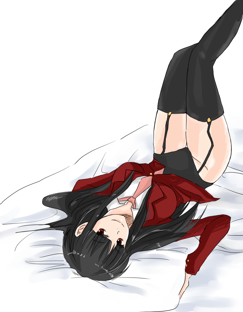 sachiko (pikachu2376), sachiko (pixiv414790), lucifer (umineko), umineko no naku koro ni, bad id, bad pixiv id, 1girl, black garter straps, black hair, black thighhighs, breasts, female focus, garter belt, garter straps, hime cut, large breasts, leotard, long hair, lying, necktie, pillow, pink necktie, red eyes, shirt, solo, thighhighs, white background, white shirt