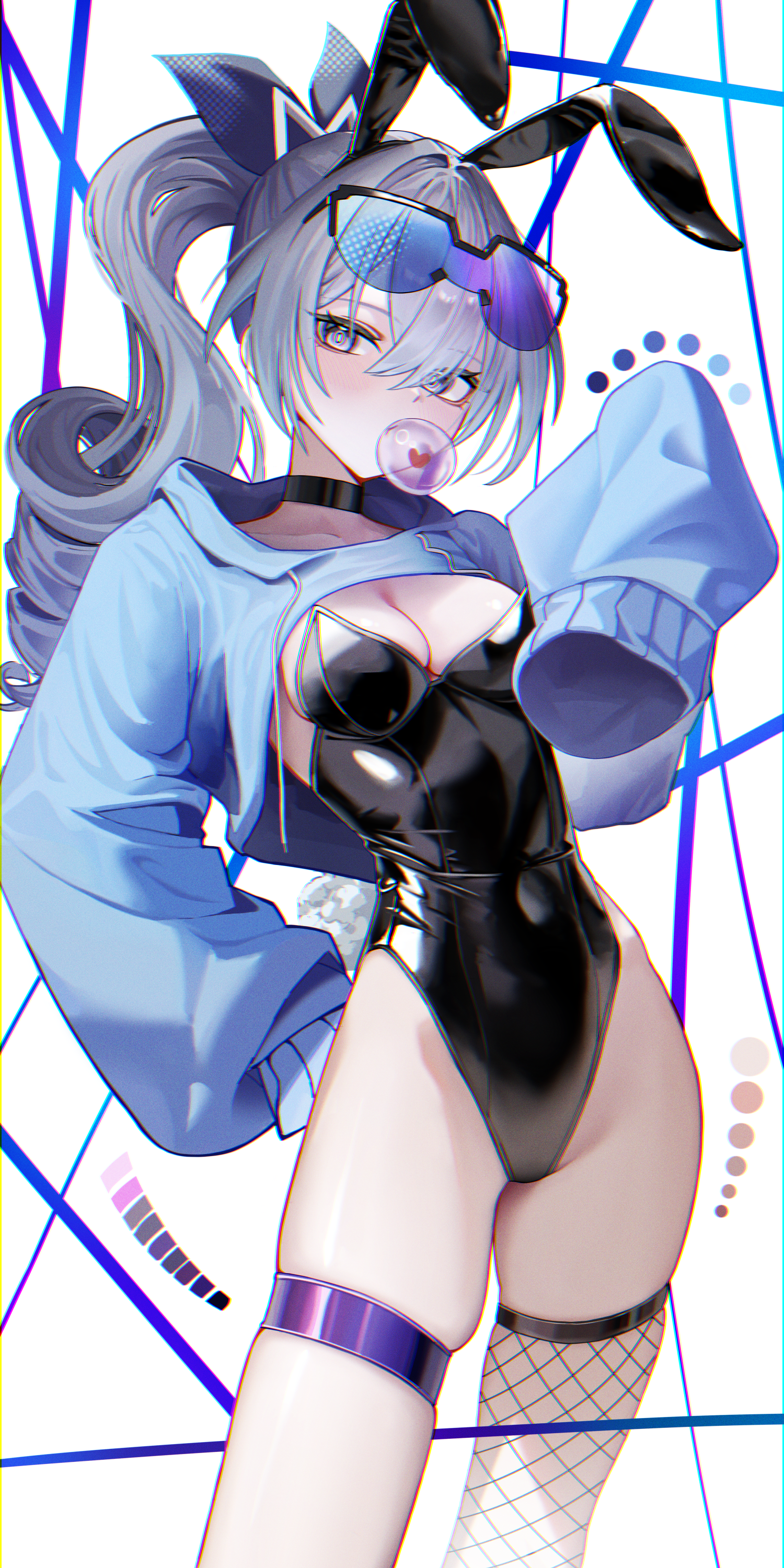 nyo2 ng, silver wolf (honkai: star rail), honkai: star rail, honkai (series), absurdres, commentary, highres, 1girl, alternate costume, animal ears, black leotard, blue sweater, breasts, chewing gum, cleavage, covered navel, drill hair, fake animal ears, fishnet thighhighs, fishnets, goggles, goggles on head, grey eyes, grey hair, leotard, long hair, looking at viewer, playboy bunny, rabbit ears, single thighhigh, skindentation, solo, sweater, thigh strap, thighhighs, very long hair