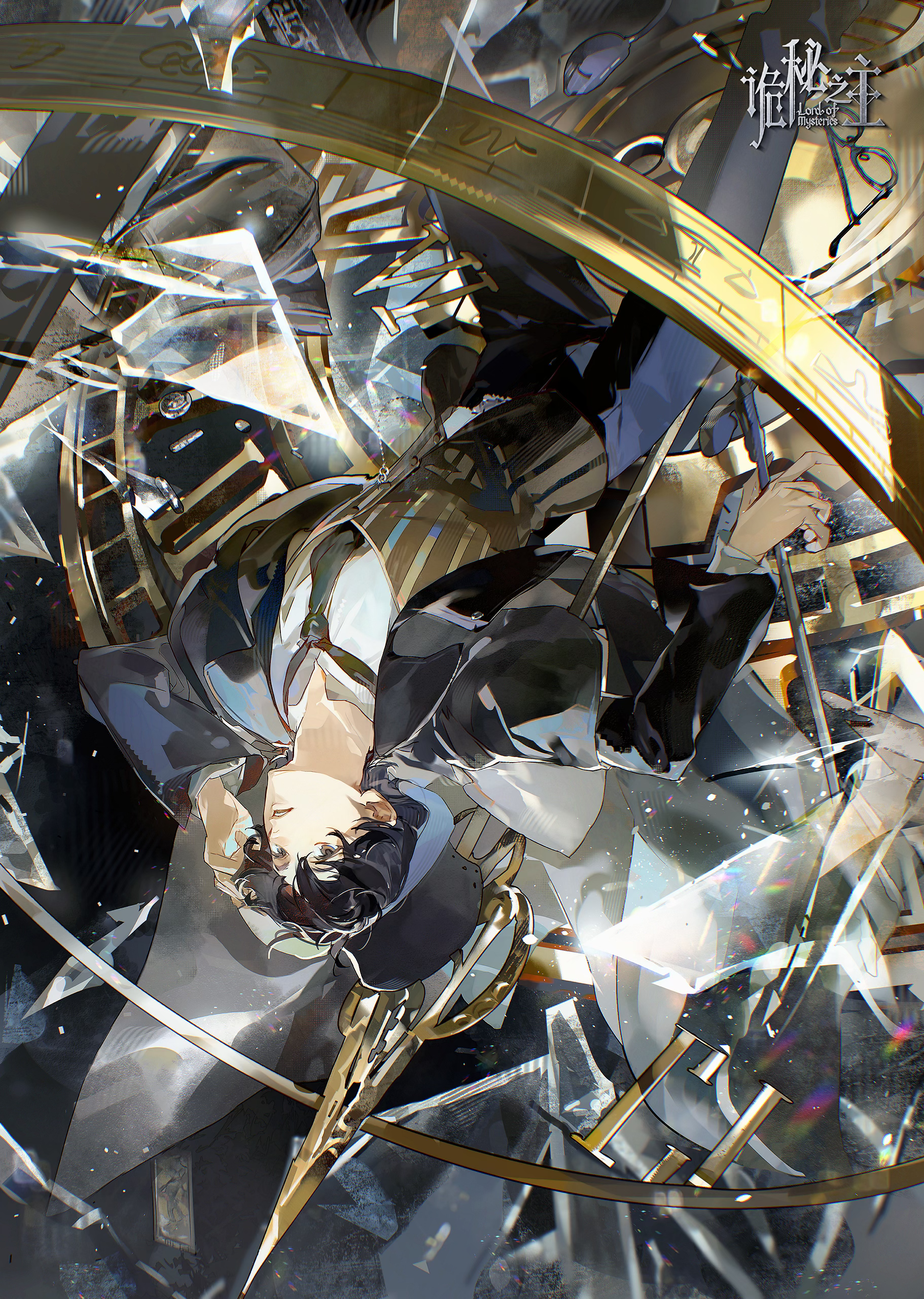 tian (my dear), klein moretti, lord of the mysteries, absurdres, chinese commentary, commentary request, highres, official art, 1boy, black eyes, black hair, black hat, black jacket, black necktie, black pants, broken glass, cane, clock, coat, copyright name, falling, film strip, glass, glass shards, hand on headwear, hat, holding, holding cane, jacket, lens flare, male focus, midair, necktie, pants, parted lips, roman numeral, shards, shirt, short hair, solo, top hat, upside-down, vest, wavy hair, white shirt