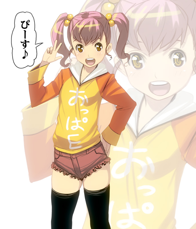 kouno (masao), yamada mikoto, ishida to asakura, bad id, bad pixiv id, translated, 1girl, brown eyes, denim, denim shorts, female focus, hair bobbles, hair ornament, hand on own hip, hip focus, open mouth, purple hair, shorts, solo, thighhighs, twintails, v, white background, zoom layer