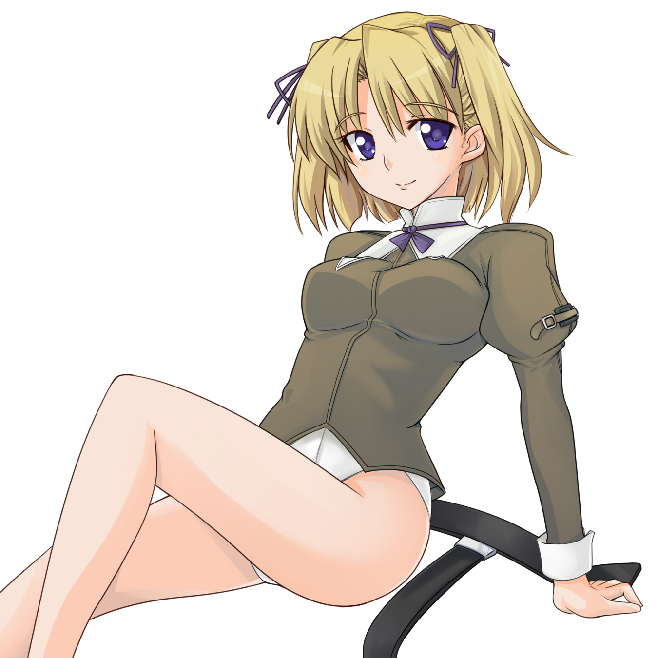 kurenasm, urza pranaice, alice soft, rance (series), sengoku rance, highres, 1girl, belt, blonde hair, breasts, female focus, hair ribbon, legs, purple eyes, ribbon, simple background, solo, white background