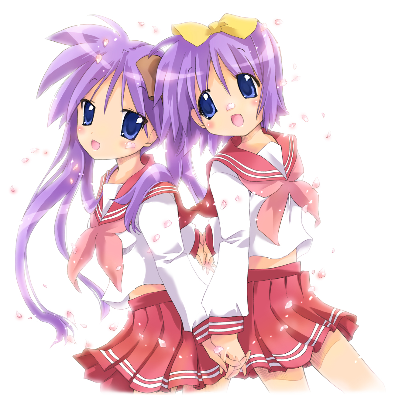 nyanmilla, hiiragi kagami, hiiragi tsukasa, lucky star, highres, 00s, back-to-back, blue eyes, cherry blossoms, long hair, petals, purple hair, school uniform, serafuku, short hair, siblings, sisters, twins, twintails