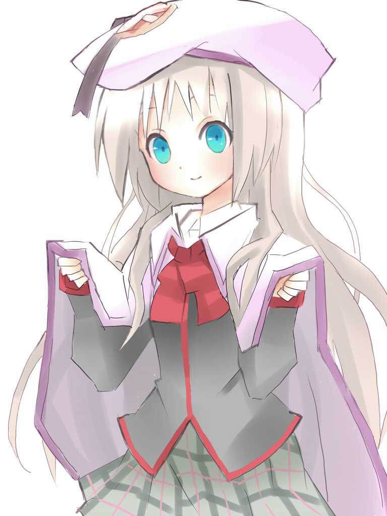 uni (gugurutan), noumi kudryavka, little busters!, bad id, bad pixiv id, 1girl, blonde hair, blue eyes, cape, female focus, hat, long hair, plaid clothes, plaid skirt, school uniform, simple background, skirt, solo, white background