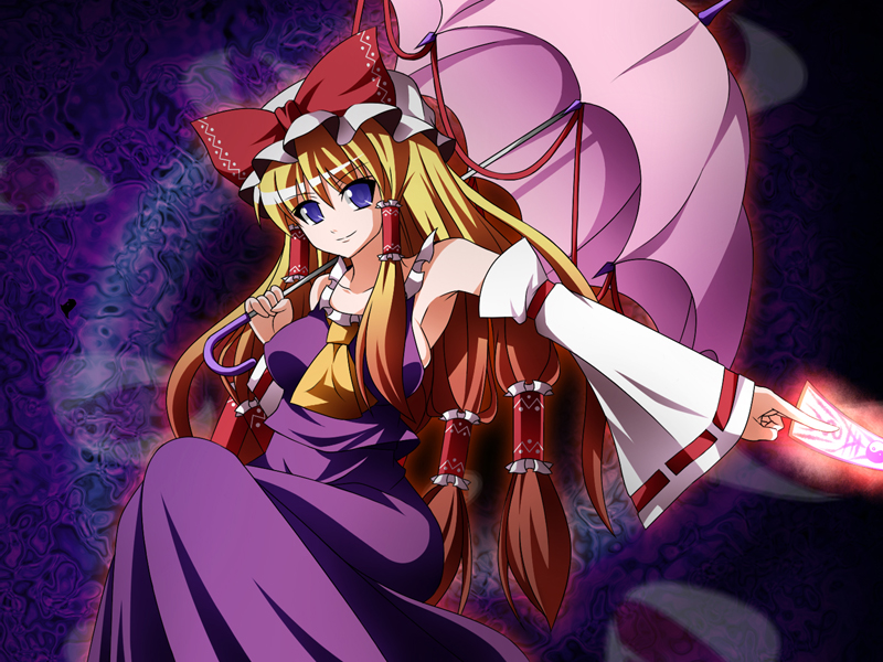 fal (falketto), falketto, hakurei reimu, yakumo yukari, touhou, 1girl, armpits, blonde hair, blue eyes, brown hair, detached sleeves, female focus, fusion, gradient hair, hat, hat ribbon, japanese clothes, long hair, miko, multicolored hair, ofuda, parasol, ribbon, solo, umbrella